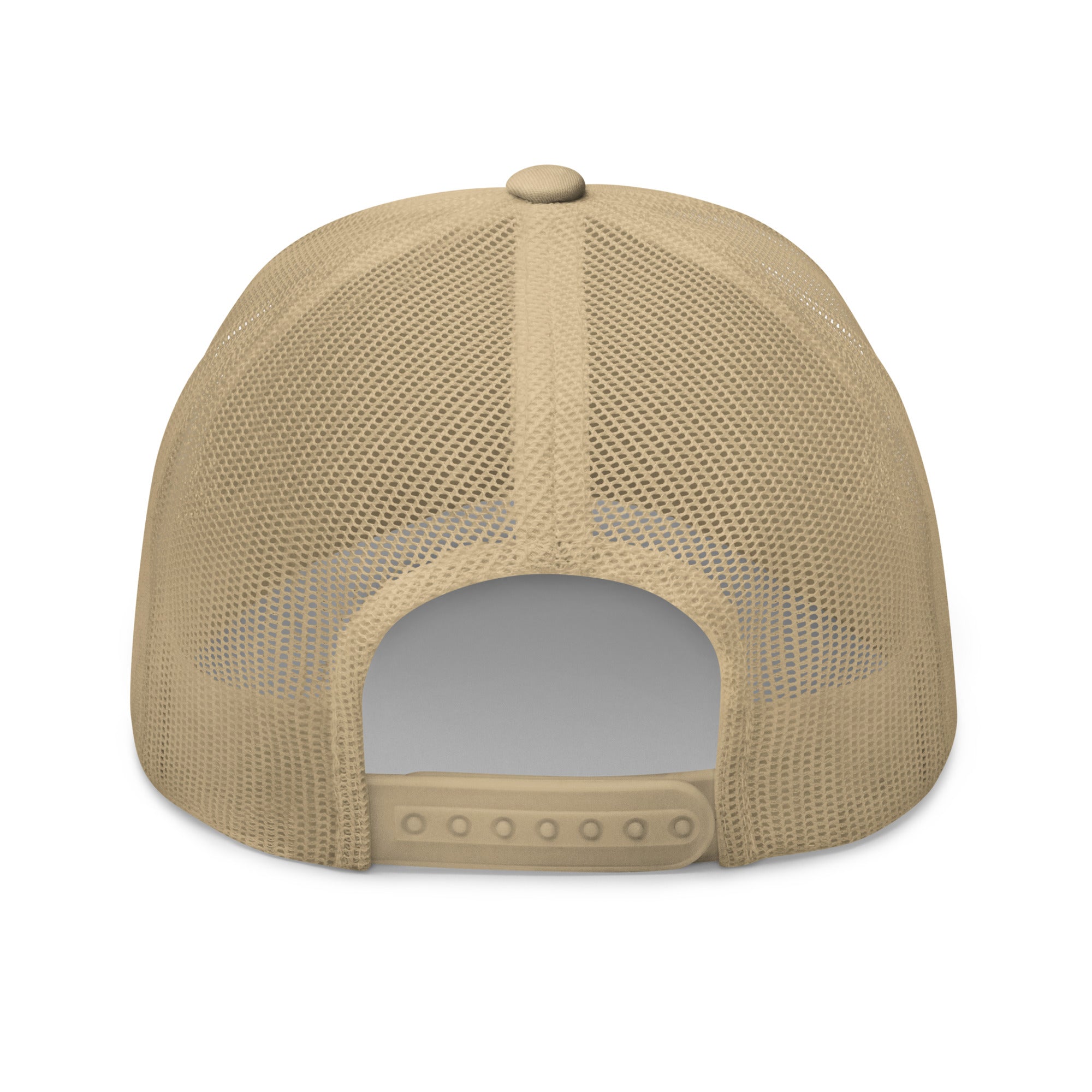 Rear view of khaki truckers hat with adjustable snapback closure