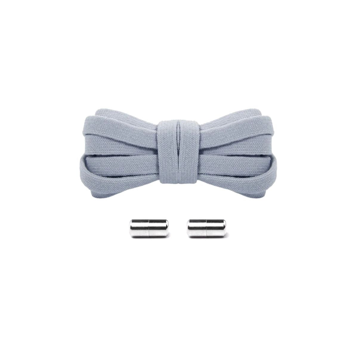 Light grey elastic no-tie shoelaces with silver capsule lock system for a premium all-black sneaker finish, easy slip-on fit.