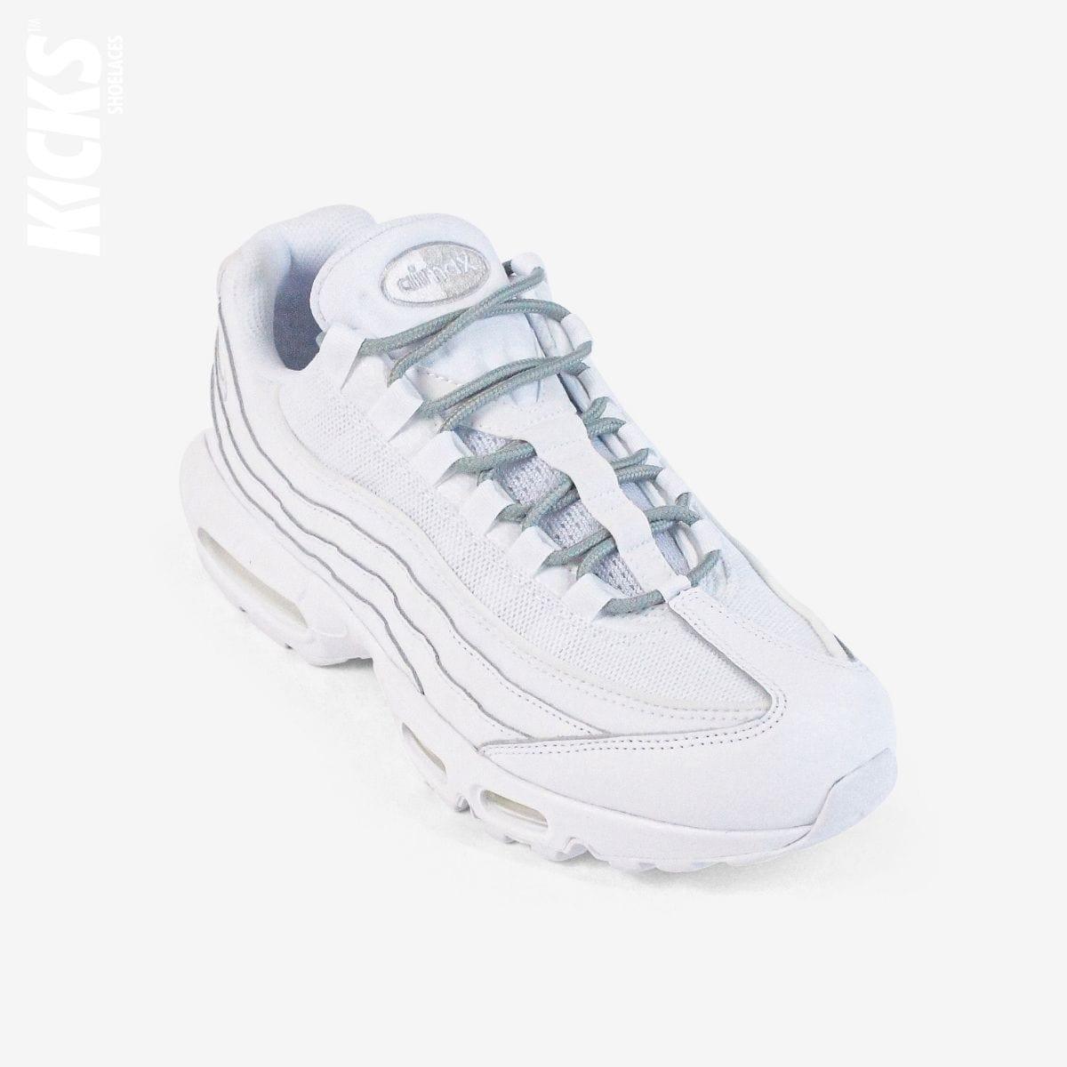 Light grey round shoestrings on white sneakers by Kicks Shoelaces