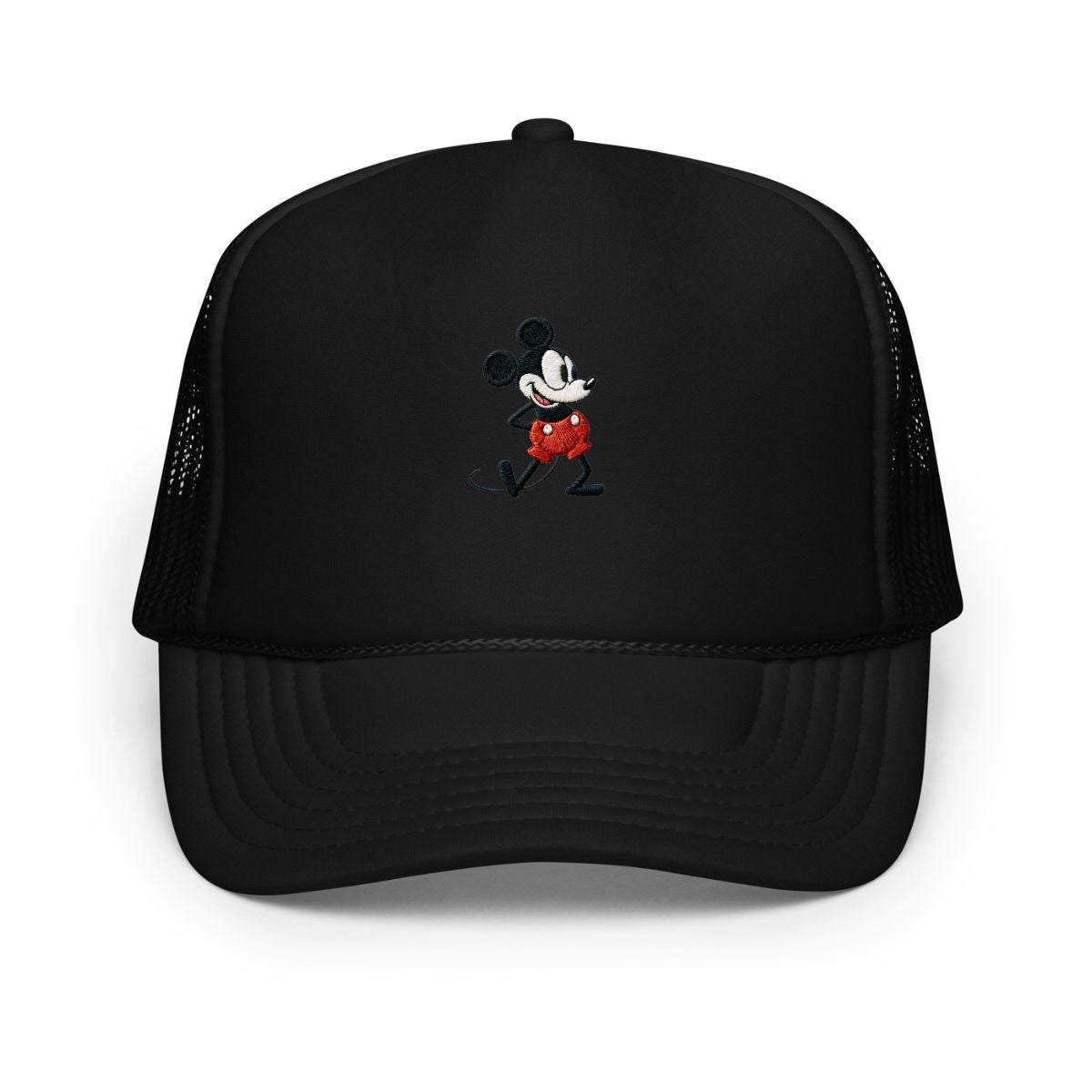 Black foam trucker hat with a 1928 Mickey Mouse cartoon character embroidered on it.