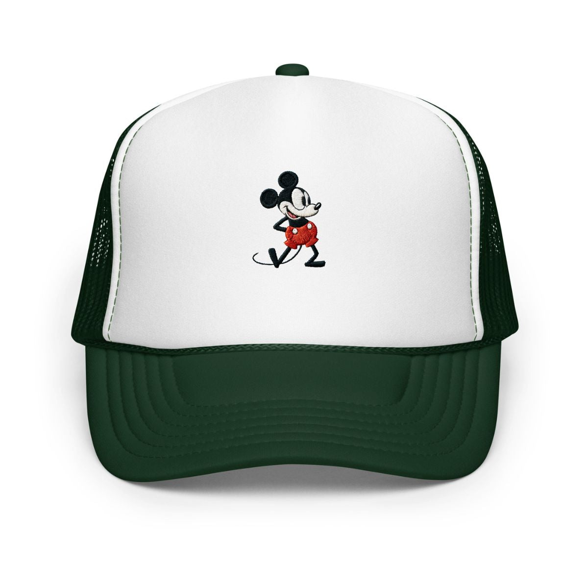 Dark green and white foam trucker hat with a 1928 Mickey Mouse cartoon character embroidered on it.