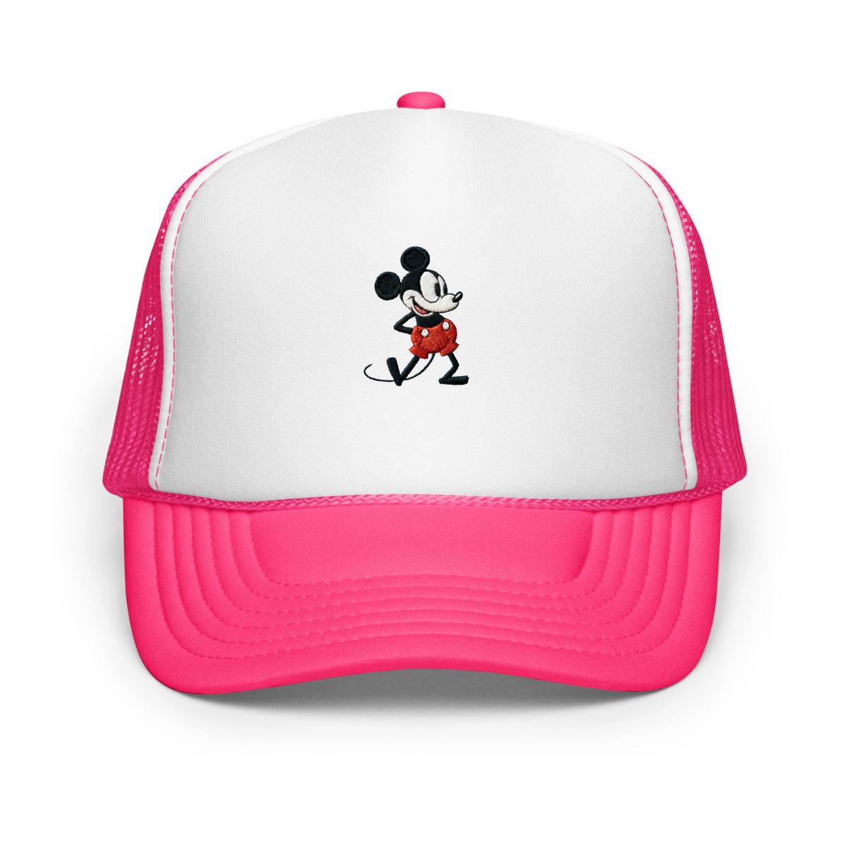 Hot pink and whit foam trucker hat with a 1928 Mickey Mouse cartoon character embroidered on it.