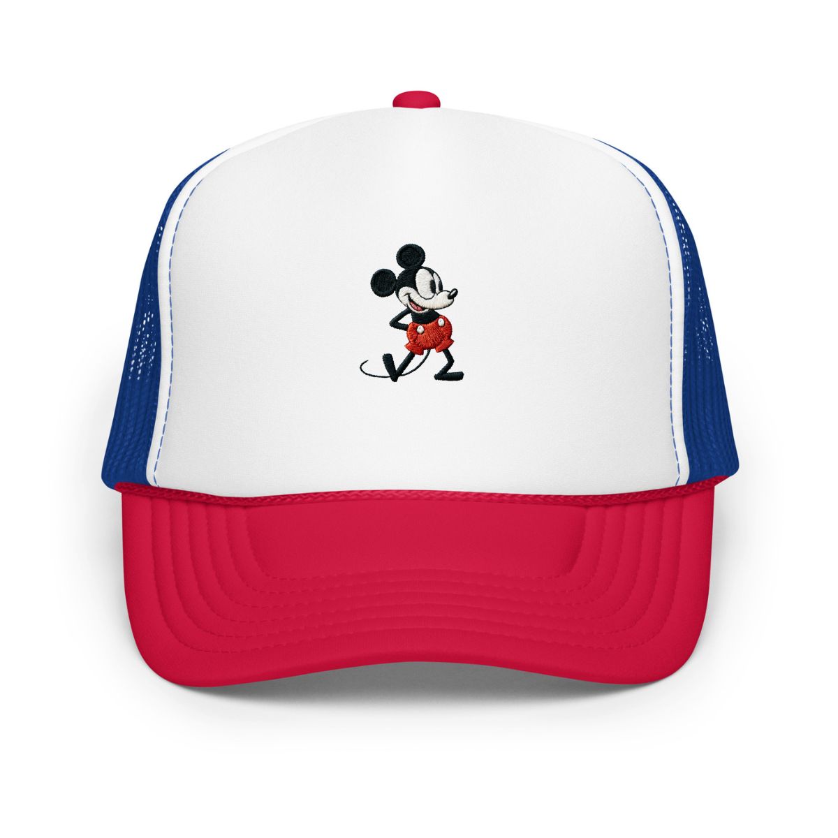 Red, white and blue foam trucker hat with a 1928 Mickey Mouse cartoon character embroidered on it.