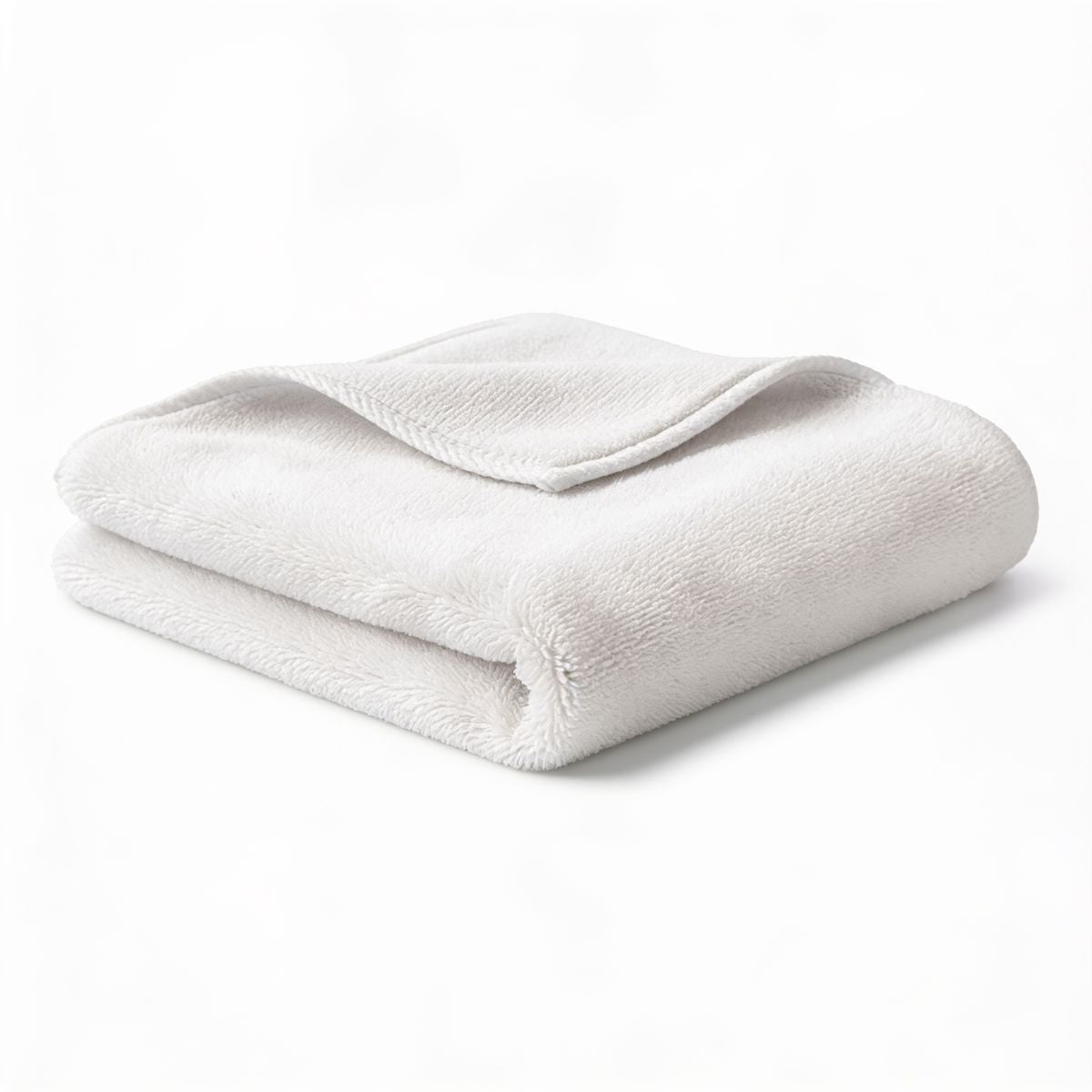 A folded plush fleece blanket in a light off-white color, shown on a seamless white background.