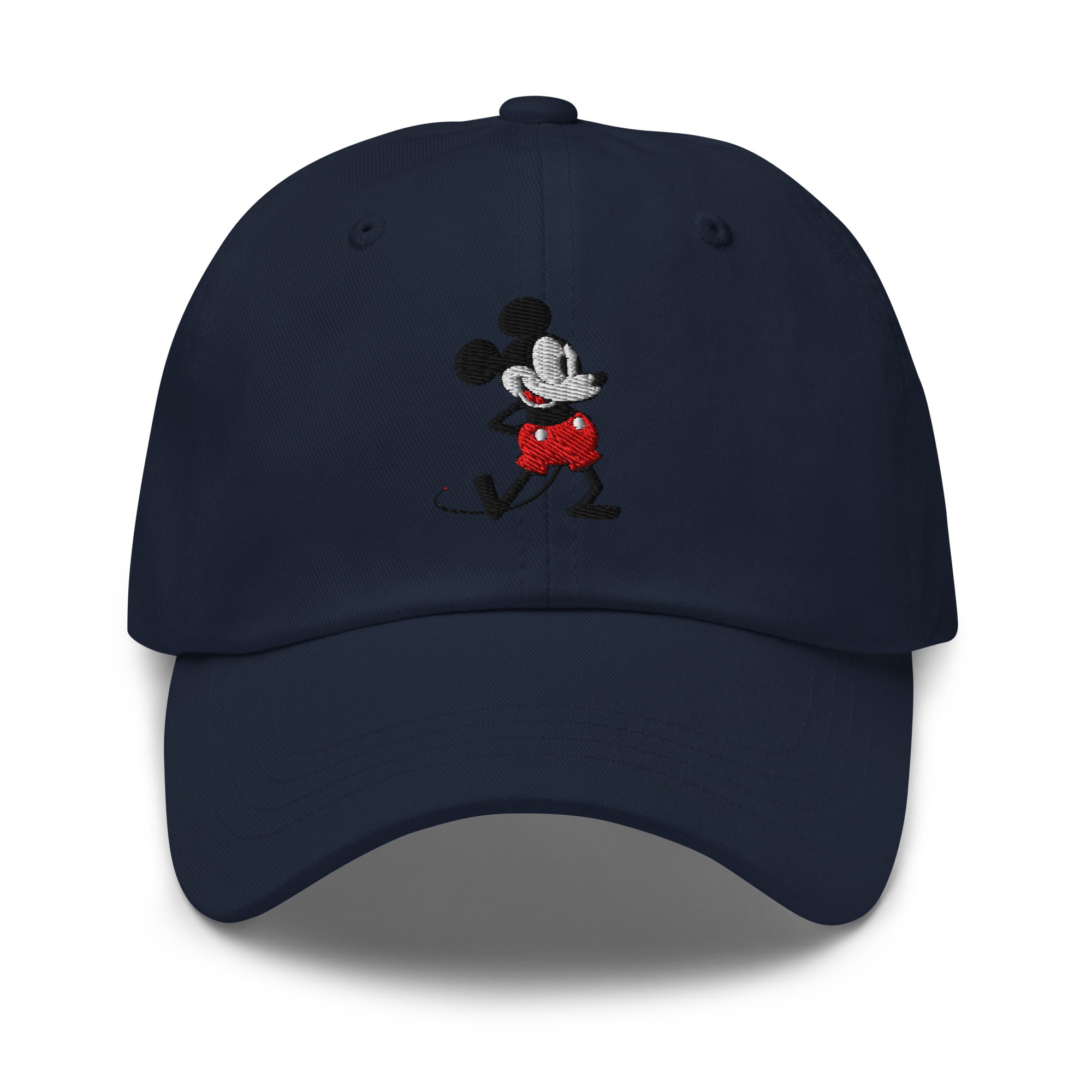Navy dad hat with a 1928 Mickey Mouse embroidered cartoon character.