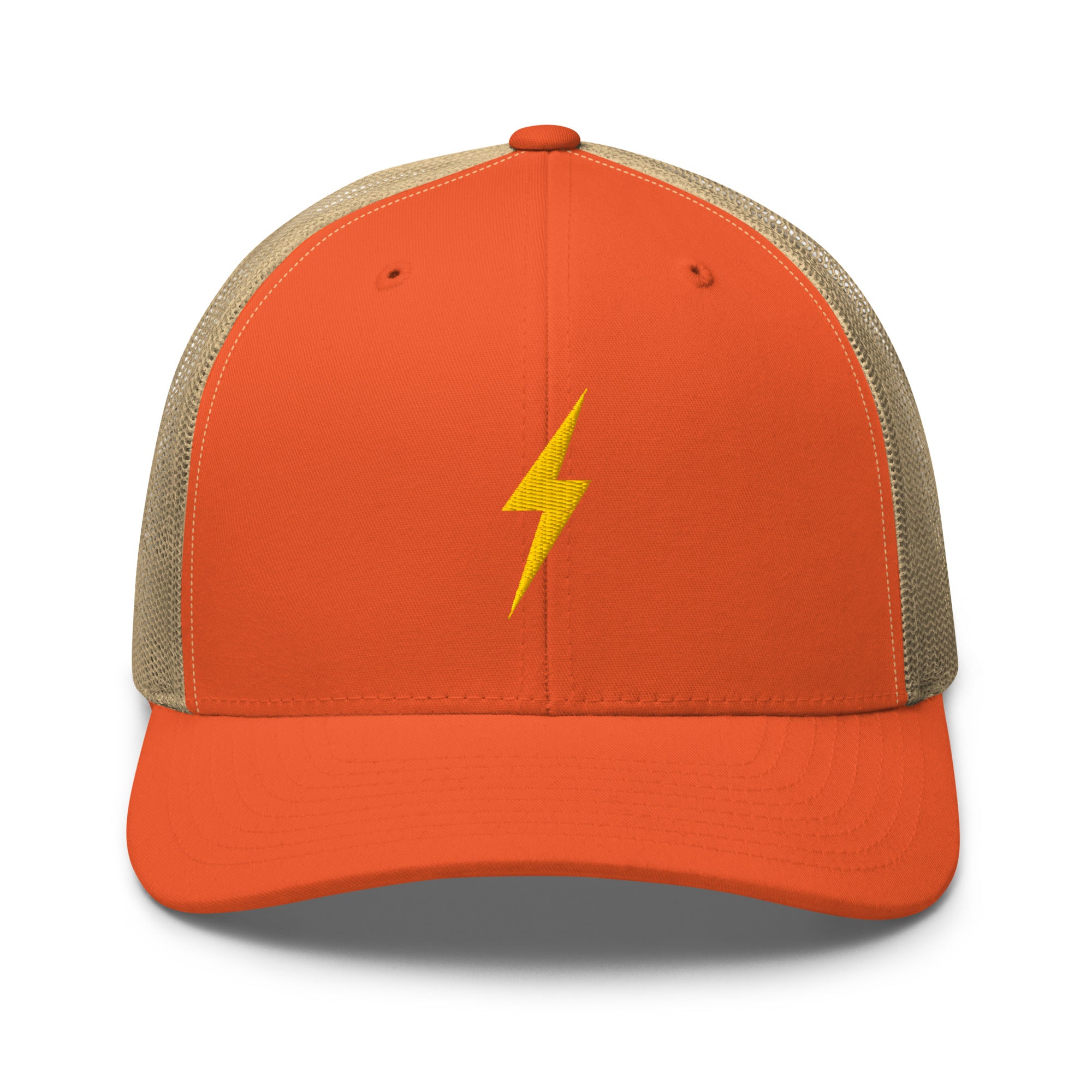 Orange trucker hat with a yellow lightning bolt design on front panel