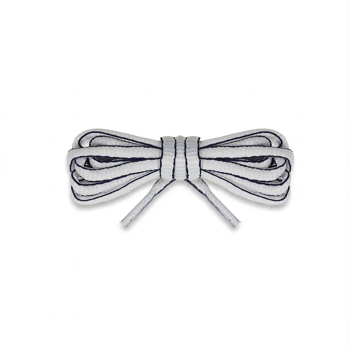 A pair of white shoelaces tied in a neat bow, featuring a thin navy edge stripe, set against a plain white background.