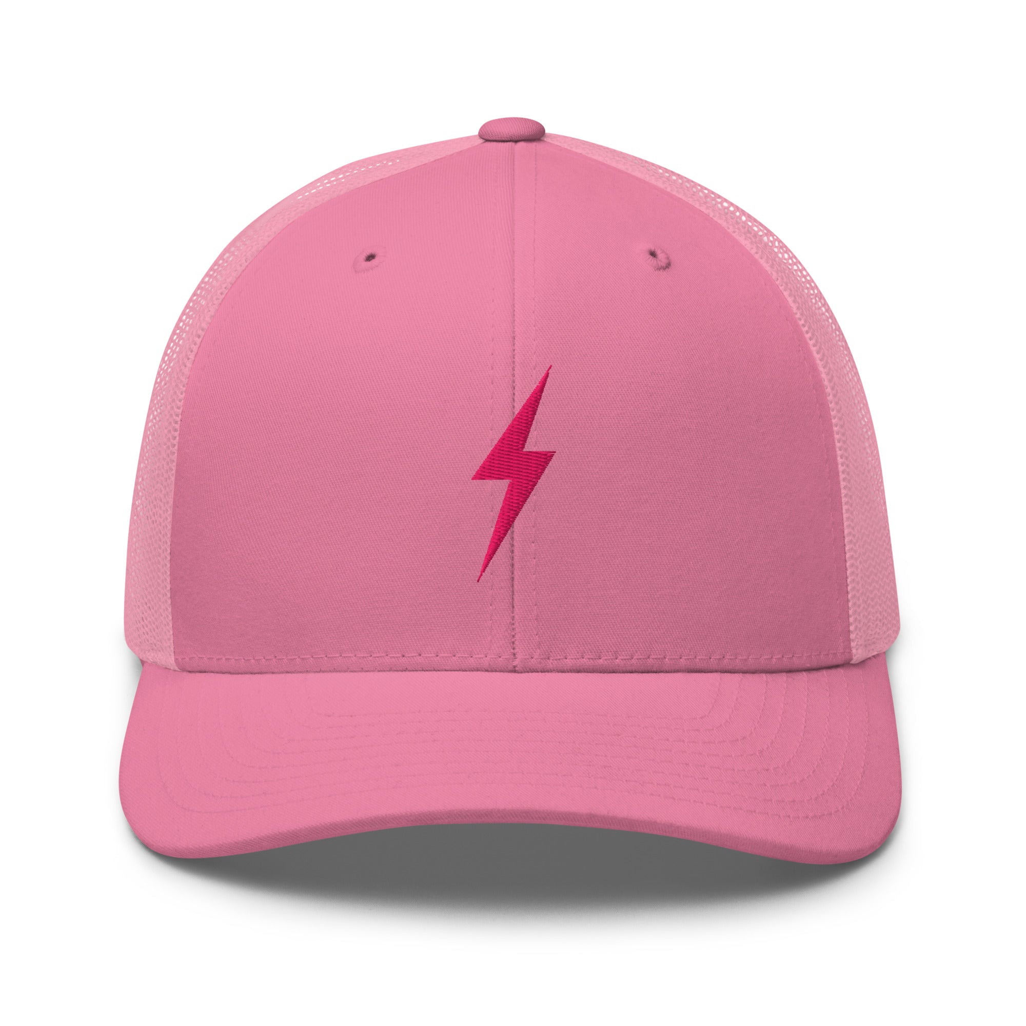 Pink trucker hat with pink lightning bolt design on front panel
