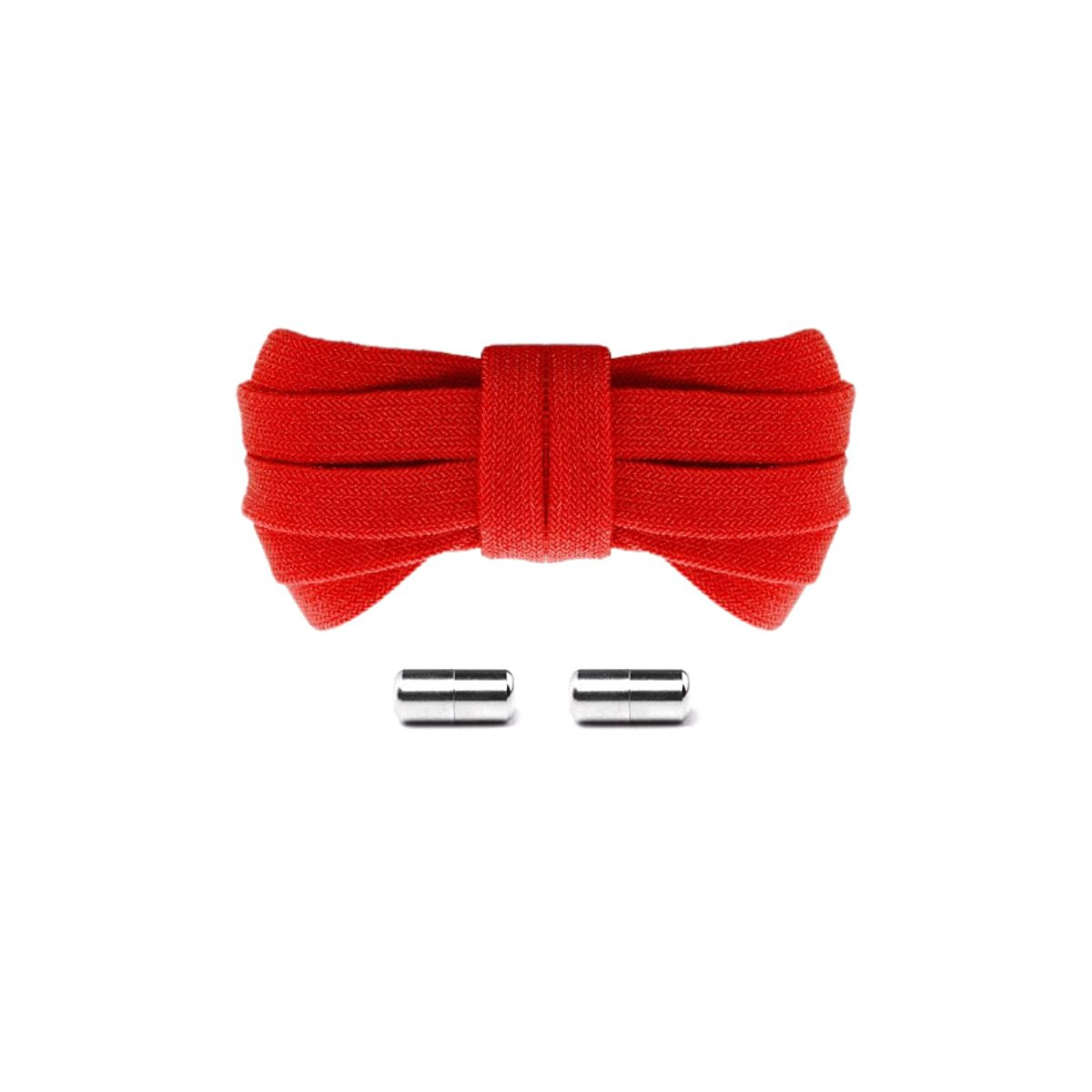 Red elastic no-tie shoelaces with silver capsule lock system for a premium all-black sneaker finish, easy slip-on fit.