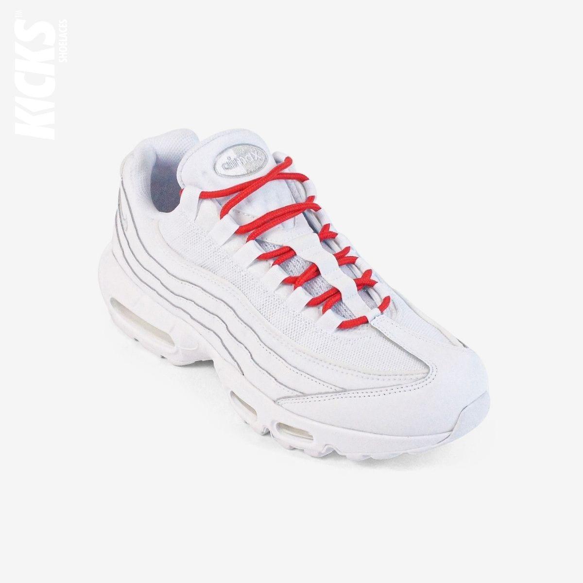 Red round shoestrings on white sneakers by Kicks Shoelaces