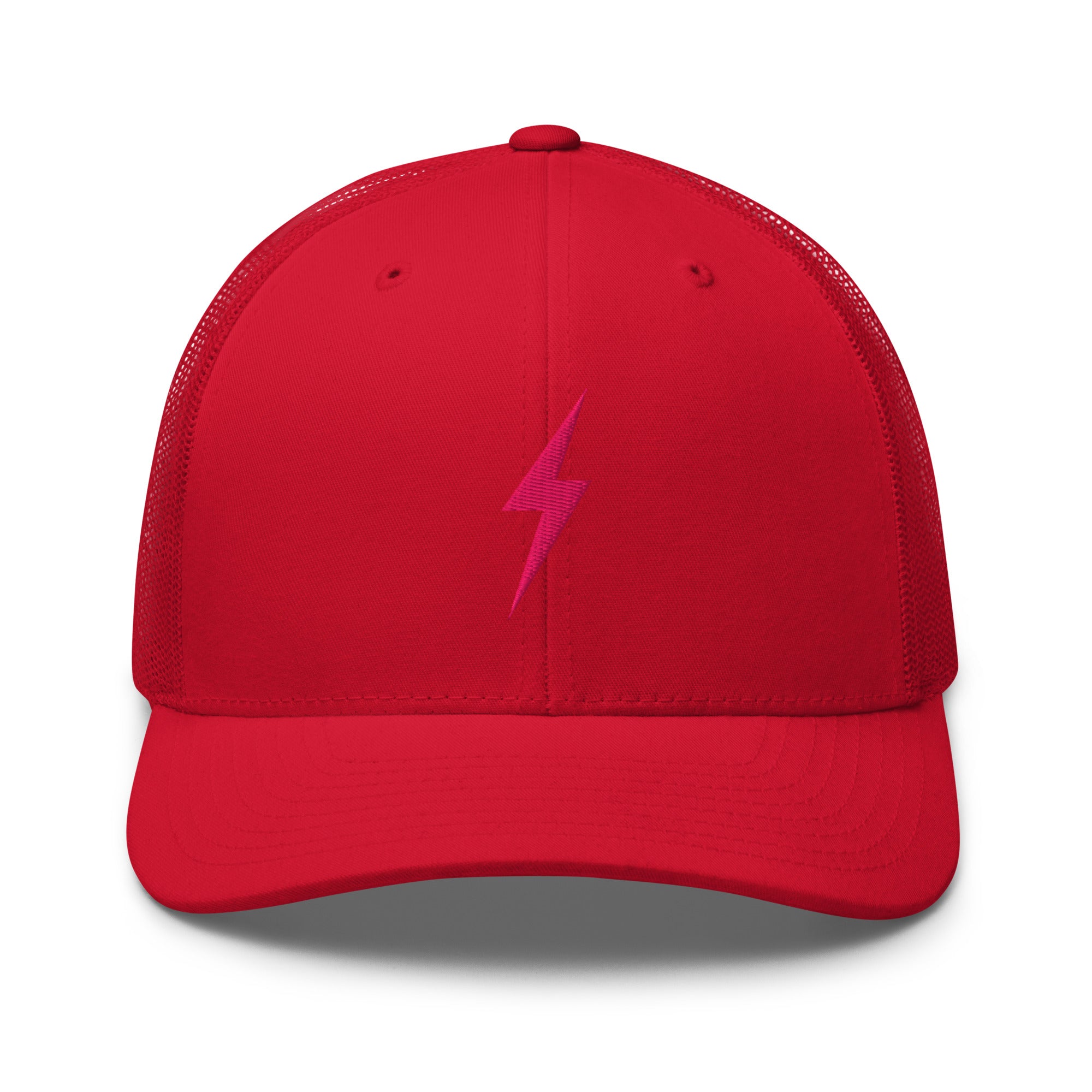 Red trucker hat with pink lightning bolt design on front panel