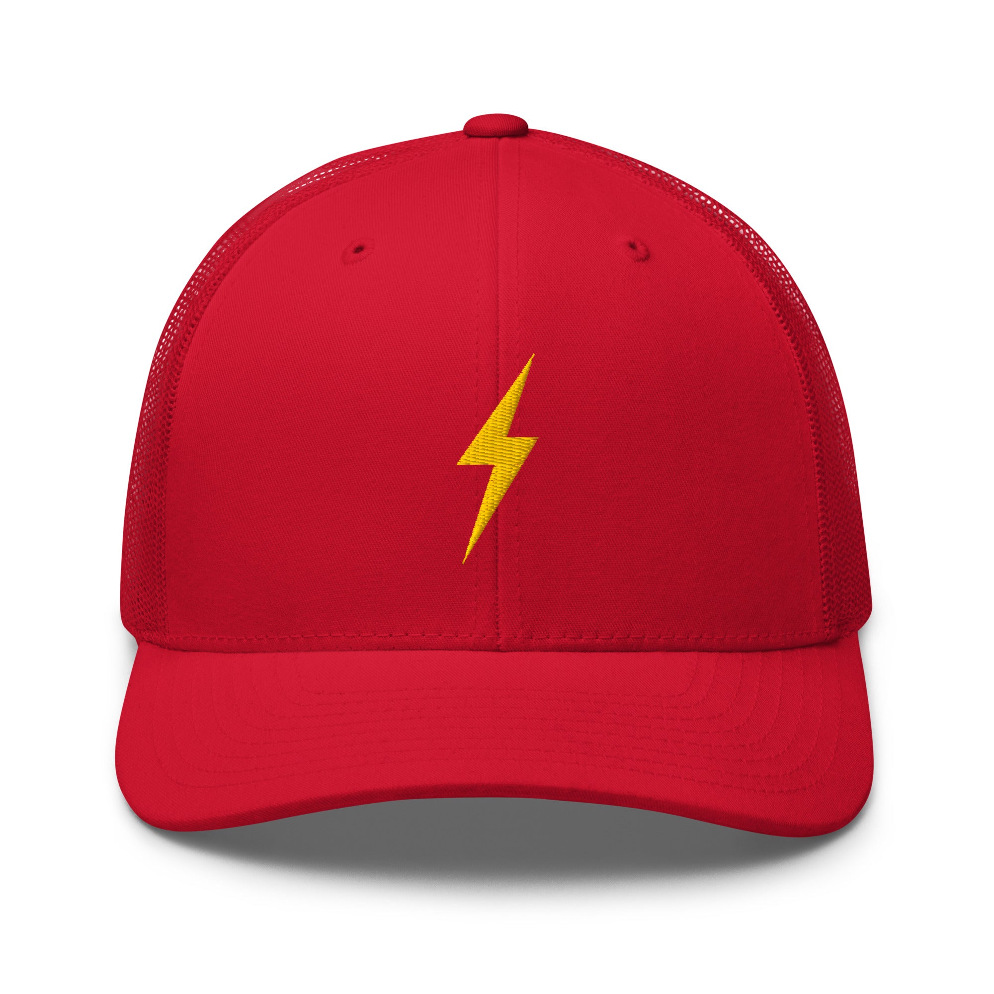 Red trucker hat with a yellow lightning bolt design on front panel
