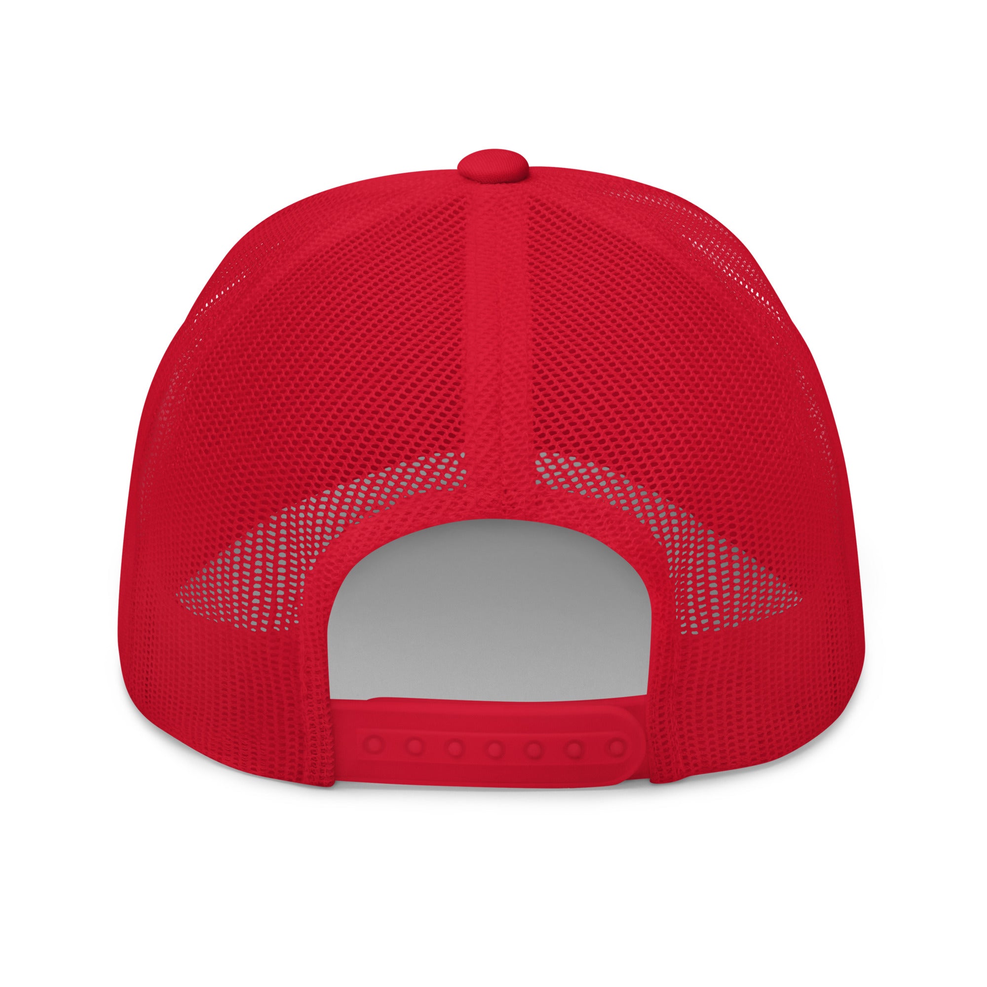 Rear view of red truckers hat with adjustable snapback closure