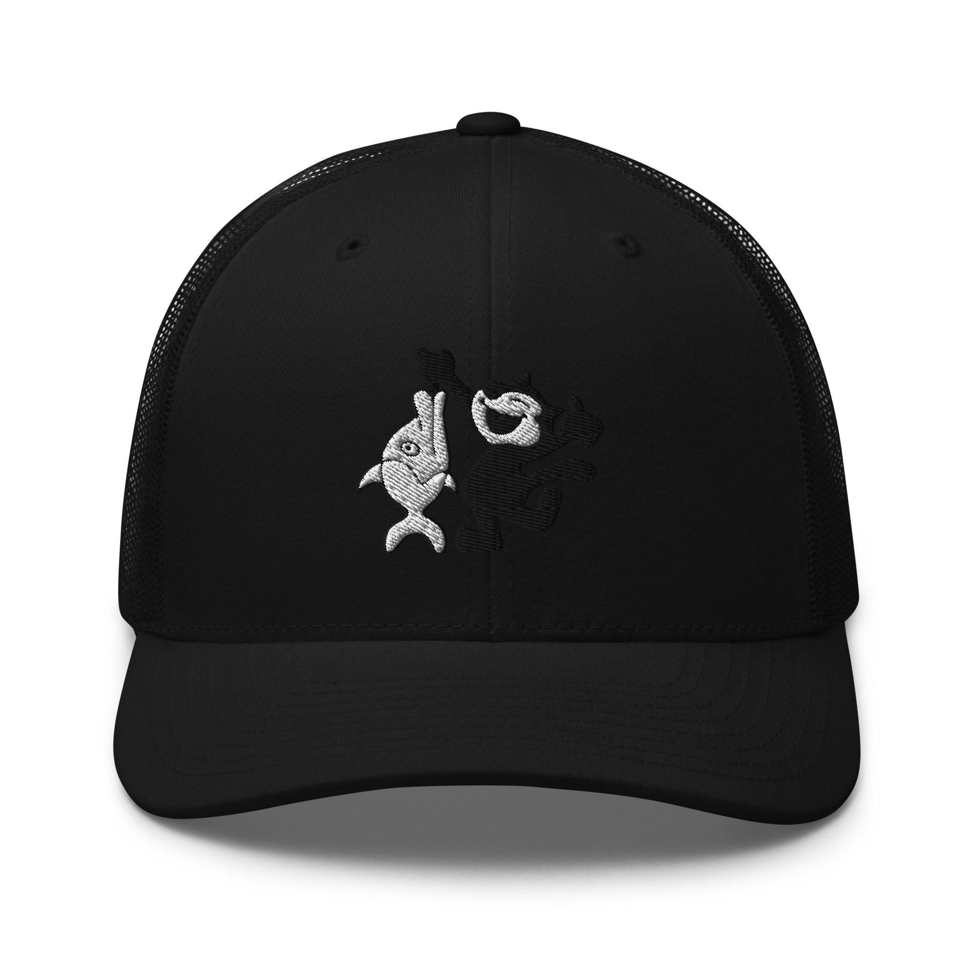 Black trucker hat featuring a 1920 Felix the Cat design with a fish from Disney’s early animation era