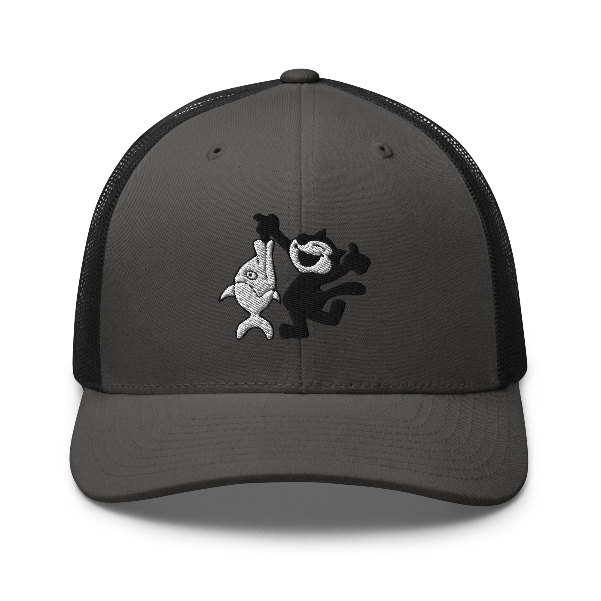 Charcoal and black trucker hat featuring a 1920 Felix the Cat design with a fish from Disney’s early animation era