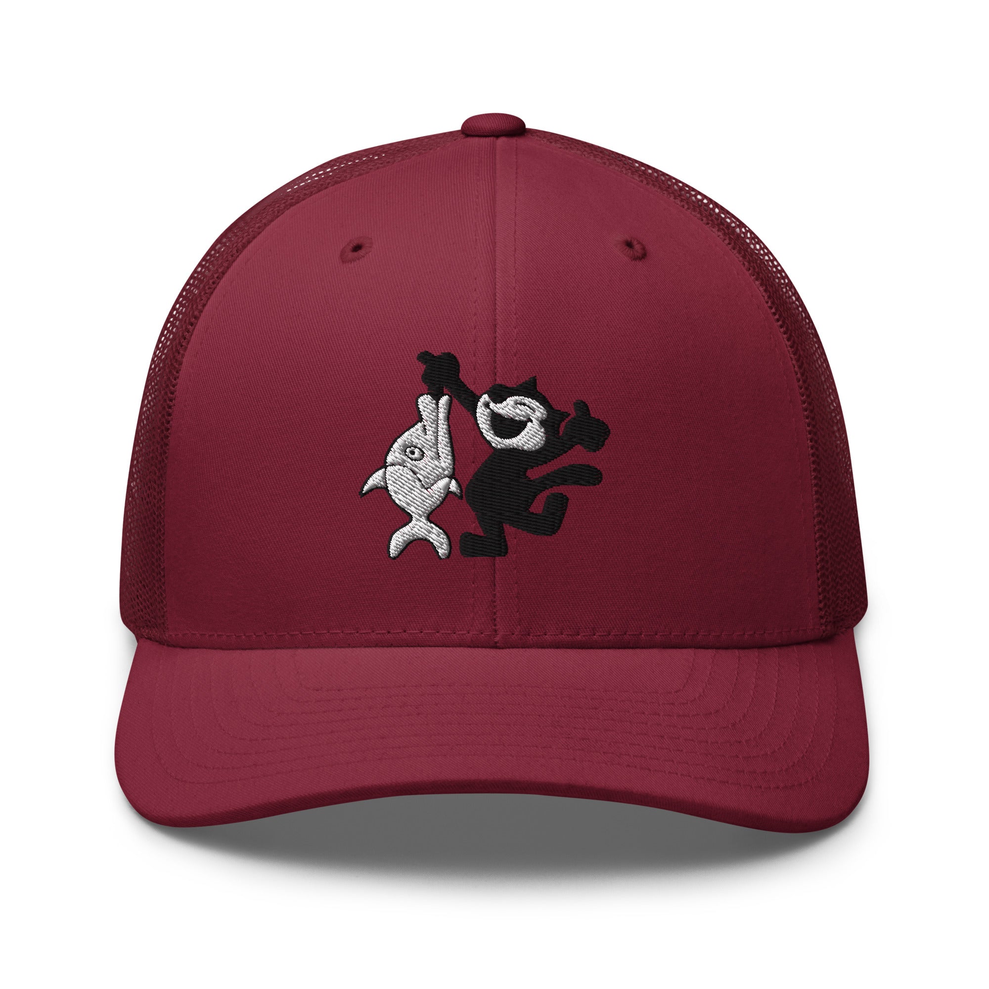 Cranberry trucker hat featuring a 1920 Felix the Cat design with a fish from Disney’s early animation era