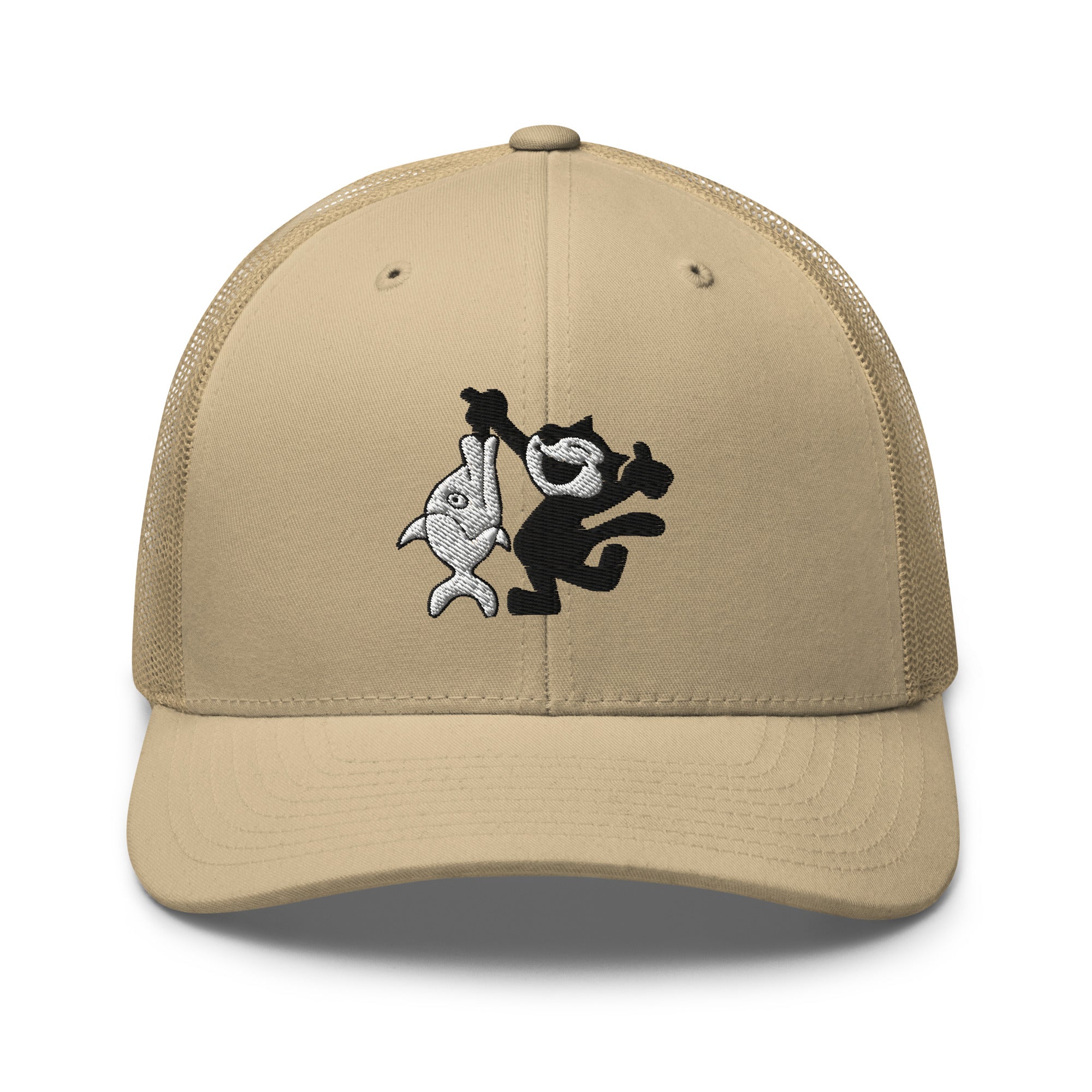 Khaki trucker hat featuring a 1920 Felix the Cat design with a fish from Disney’s early animation era