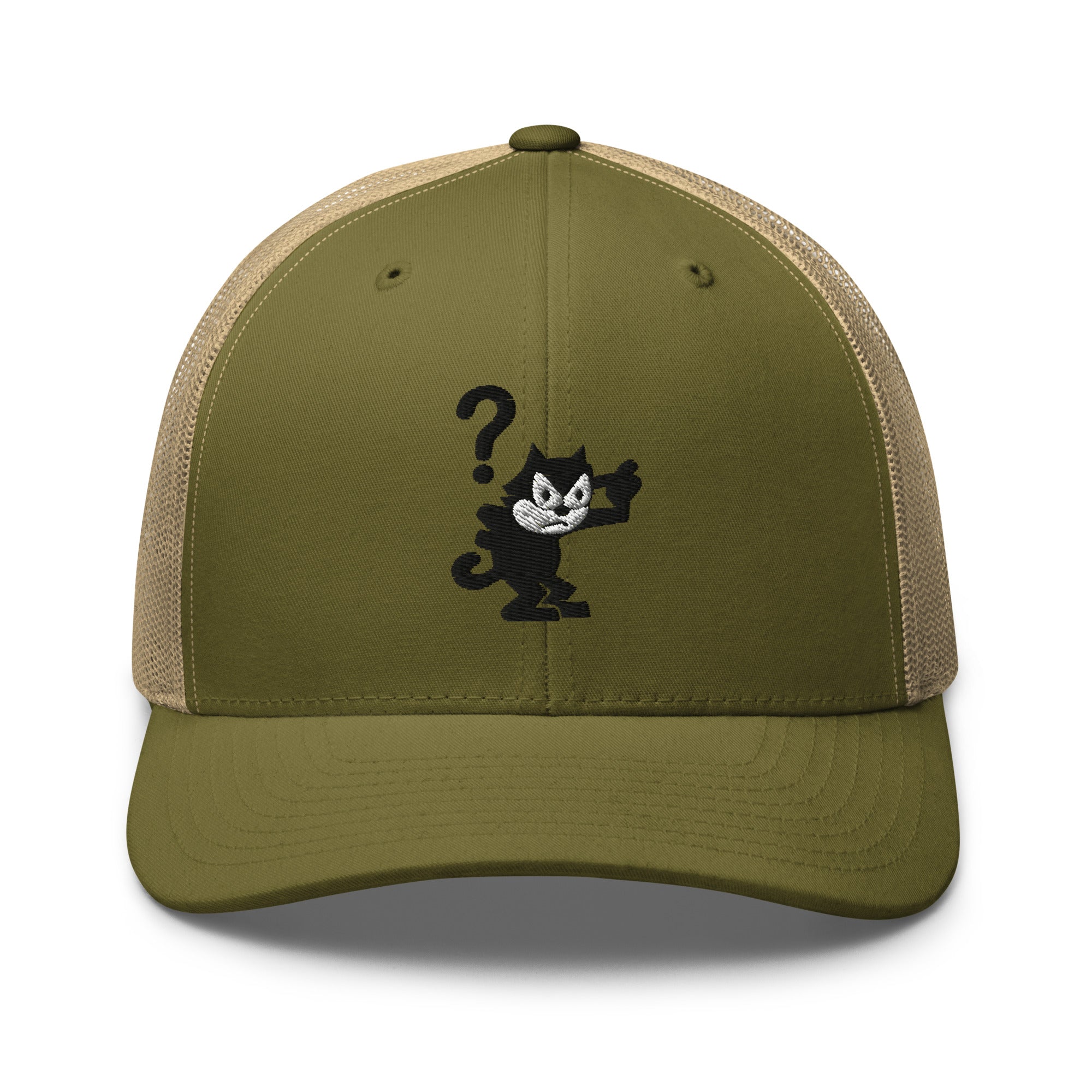 Moss green trucker hat featuring a 1920 Felix the Cat design from Disney’s early animation era