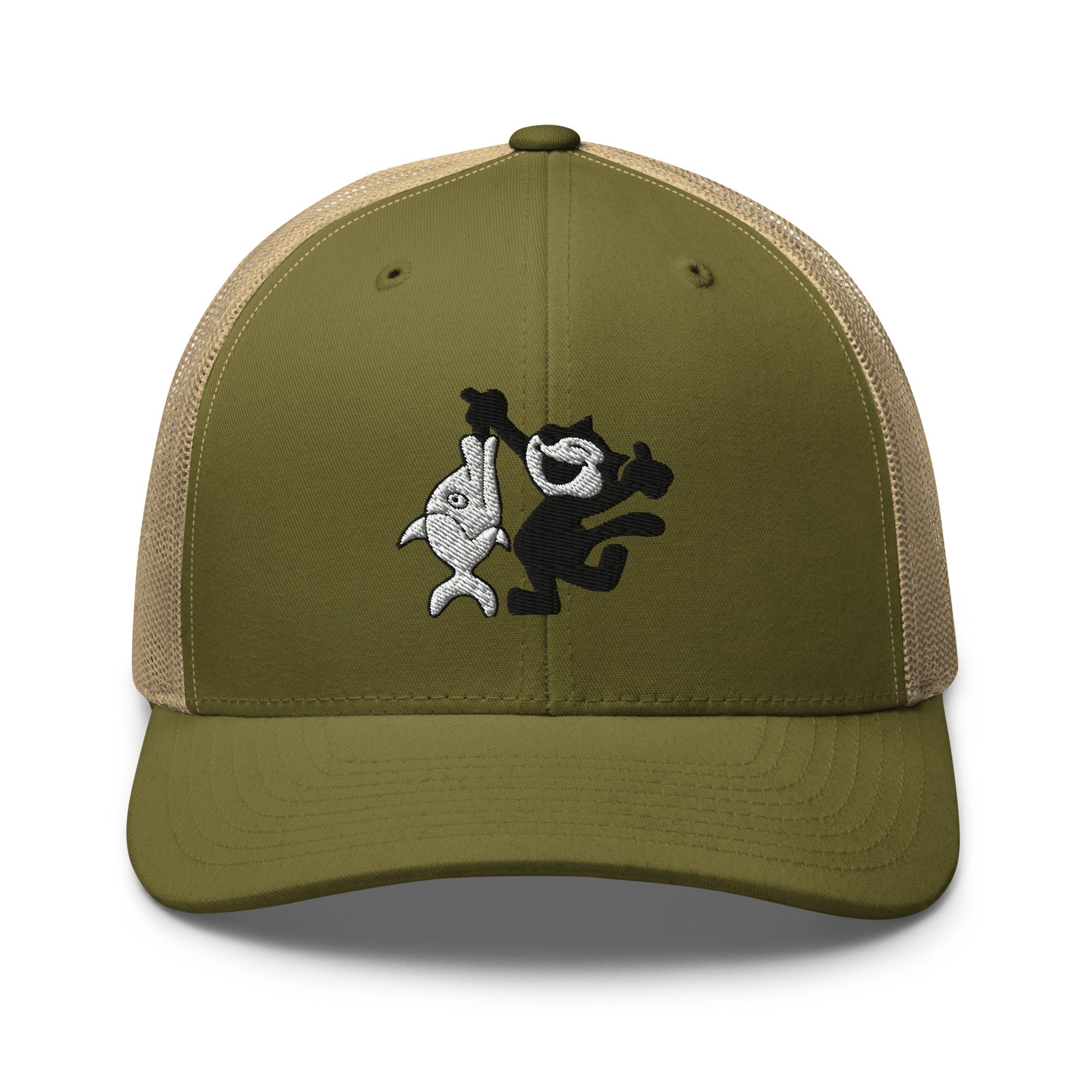 Moss green trucker hat featuring a 1920 Felix the Cat design with a fish from Disney’s early animation era