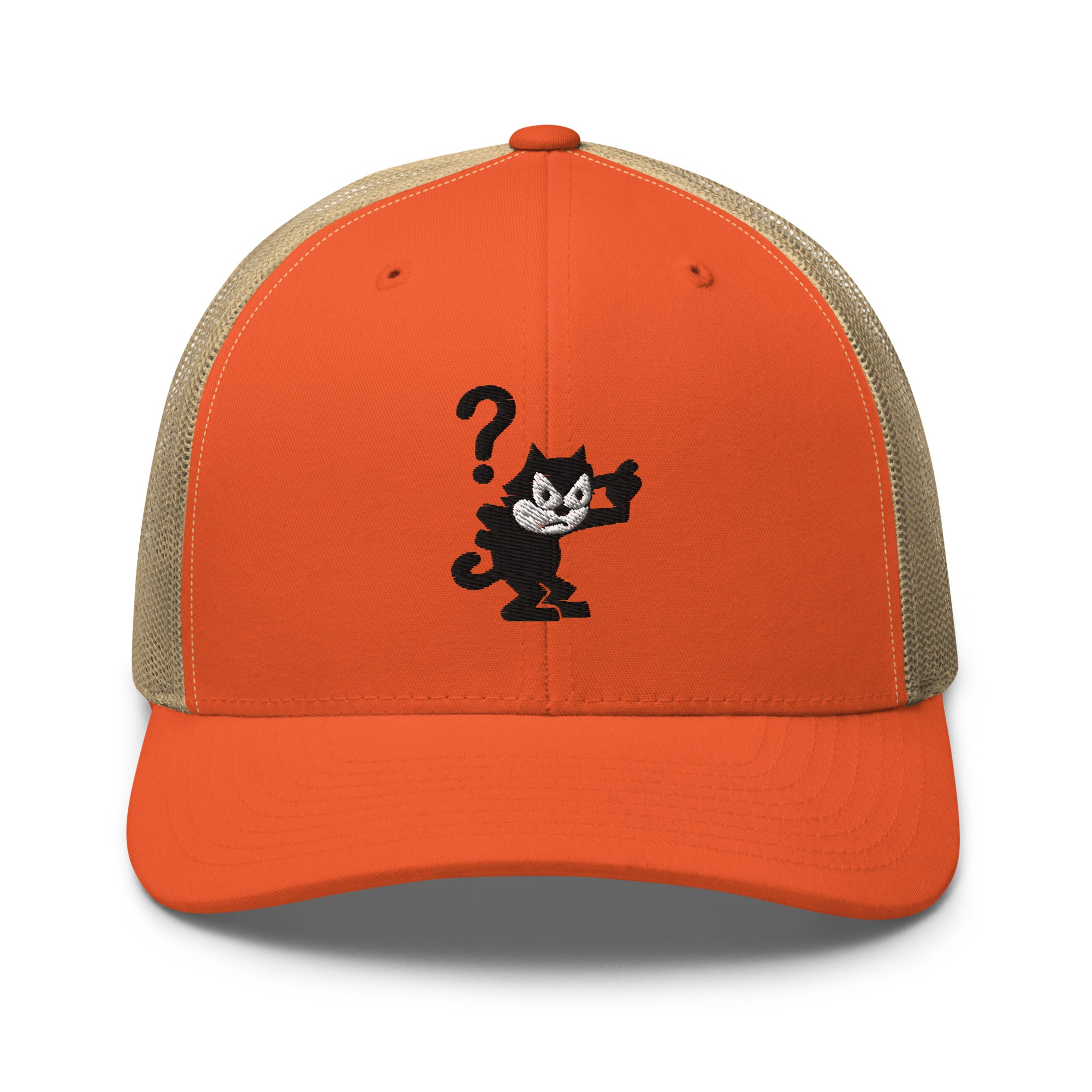 Orange trucker hat featuring a 1920 Felix the Cat design from Disney’s early animation era