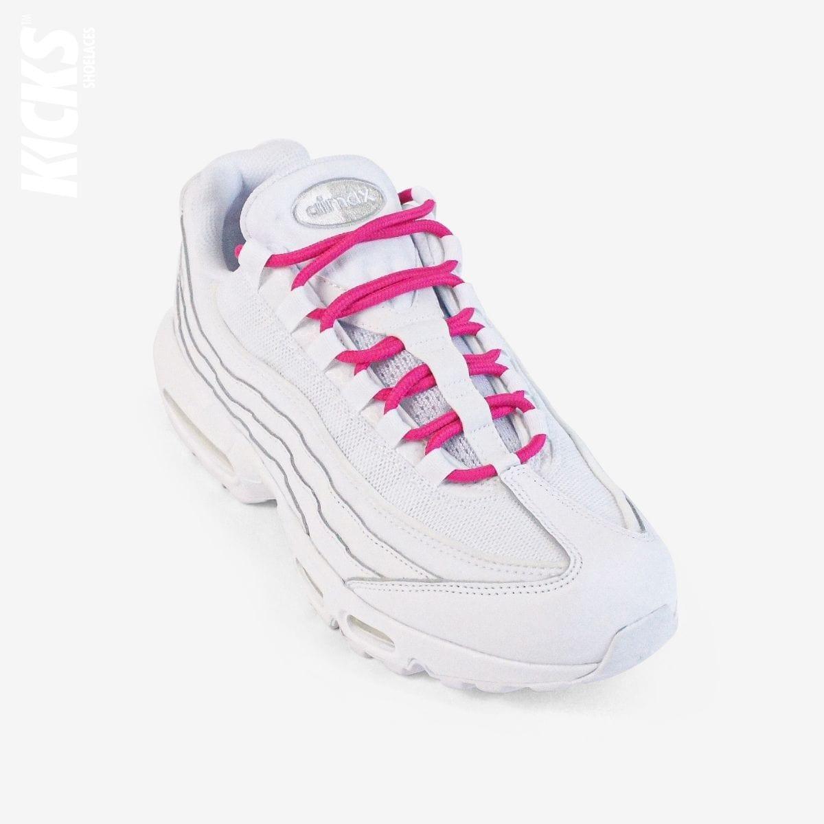 Rose pink round shoestrings on white sneakers by Kicks Shoelaces