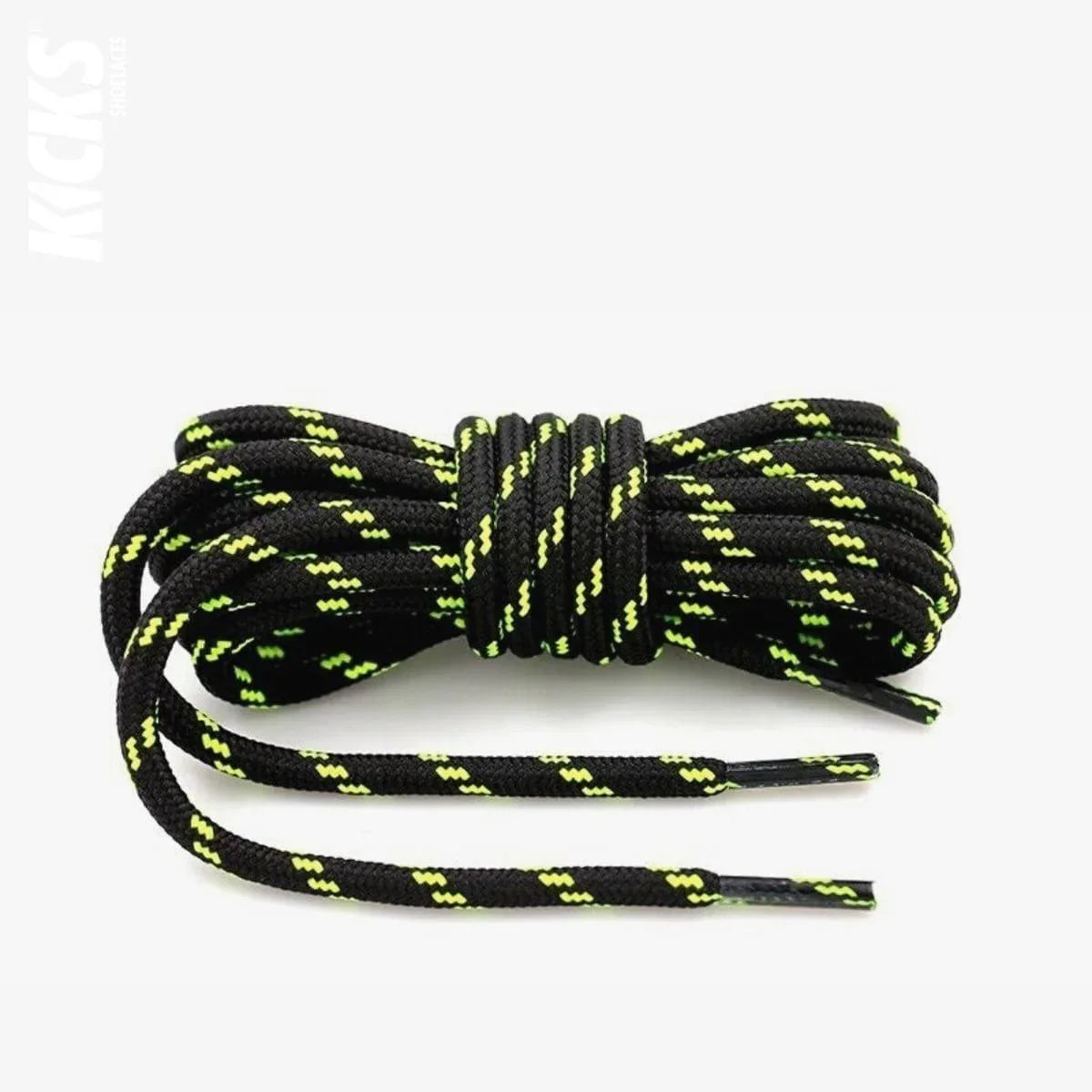 Round black and fluorescent green replacement hiking boot laces for walking shoes and outdoor footwear