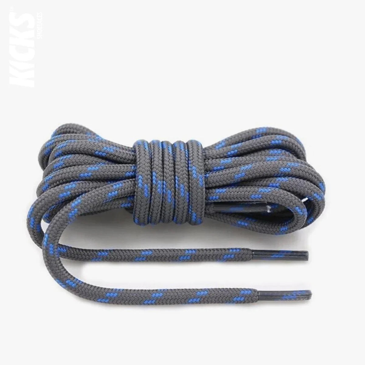 Round dark grey and blue replacement hiking boot laces for walking shoes and outdoor footwear