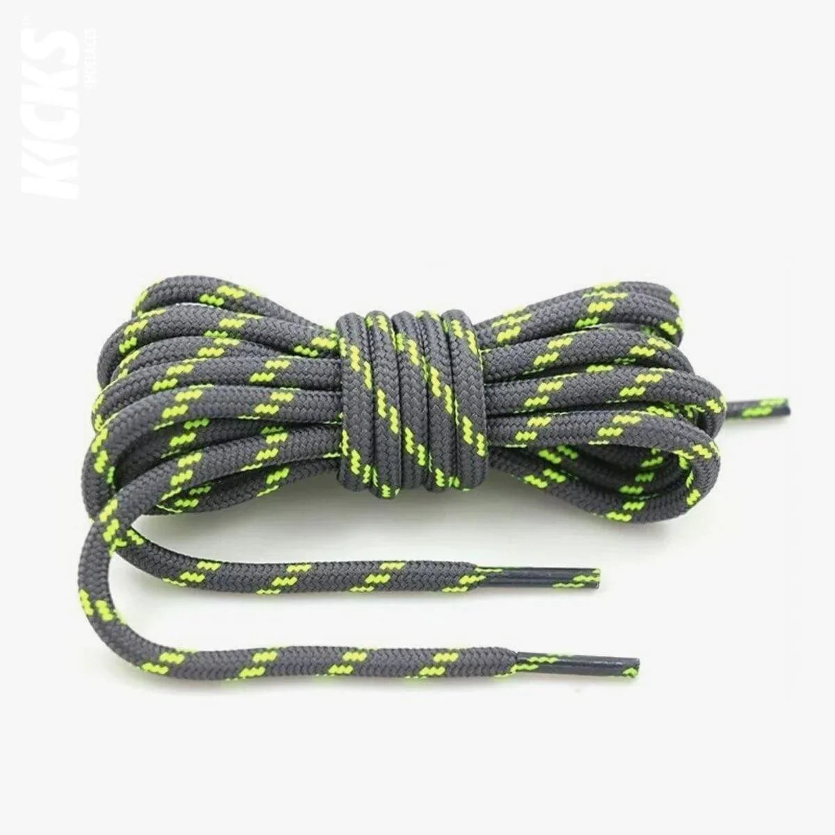 Round dark grey and fluorescent green replacement hiking boot laces for walking shoes and outdoor footwear