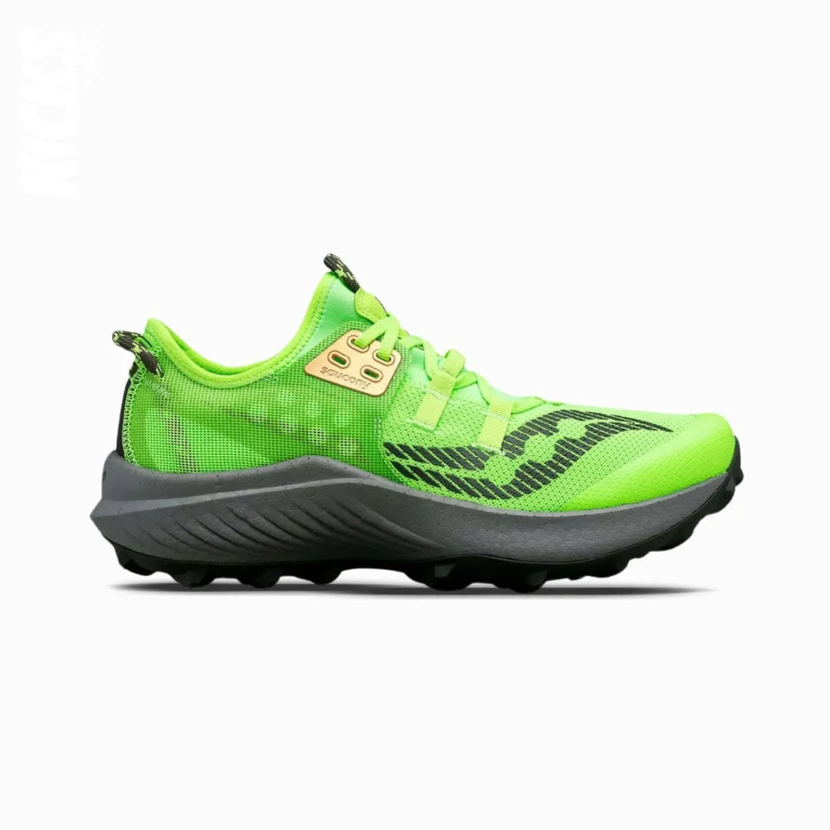 A pair of green Saucony Endorphin Rift running shoes with neon replacement shoe laces by Kicks Shoelaces.
