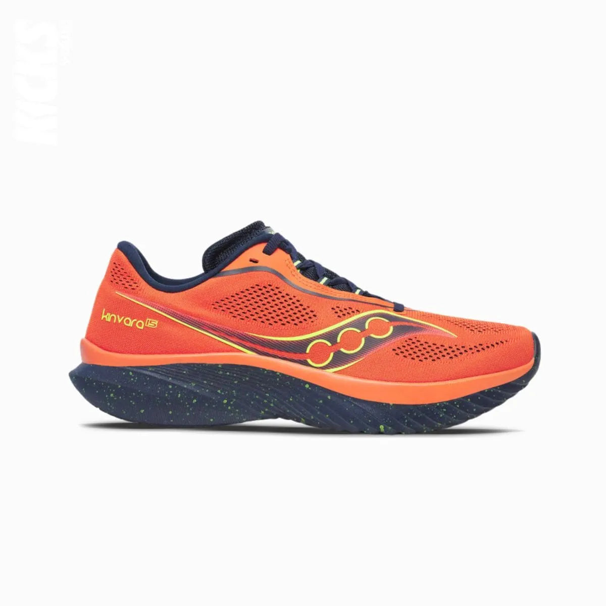 Saucony Kinvara 15 running shoes with orange and blue accents and Navy blue replacement laces by Kicks Shoelaces.