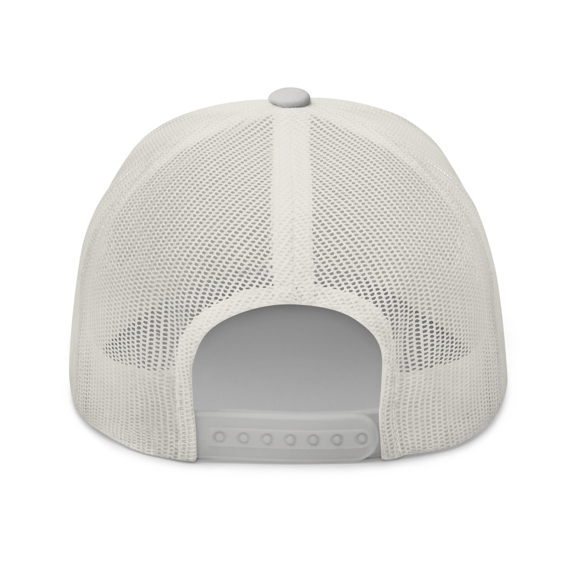 Rear view of silver truckers hat with adjustable snapback closure
