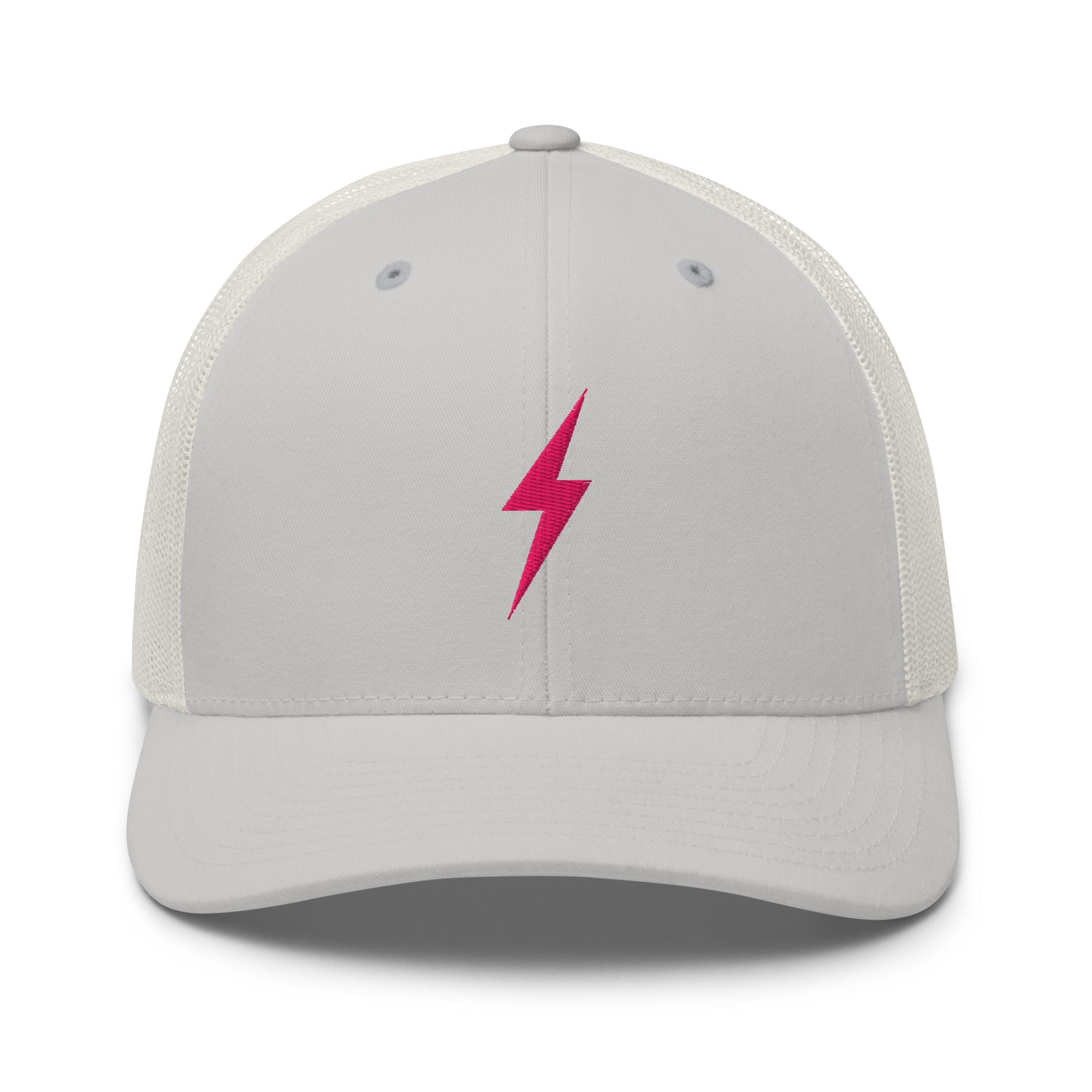 Silver and white trucker hat with pink lightning bolt design on front panel
