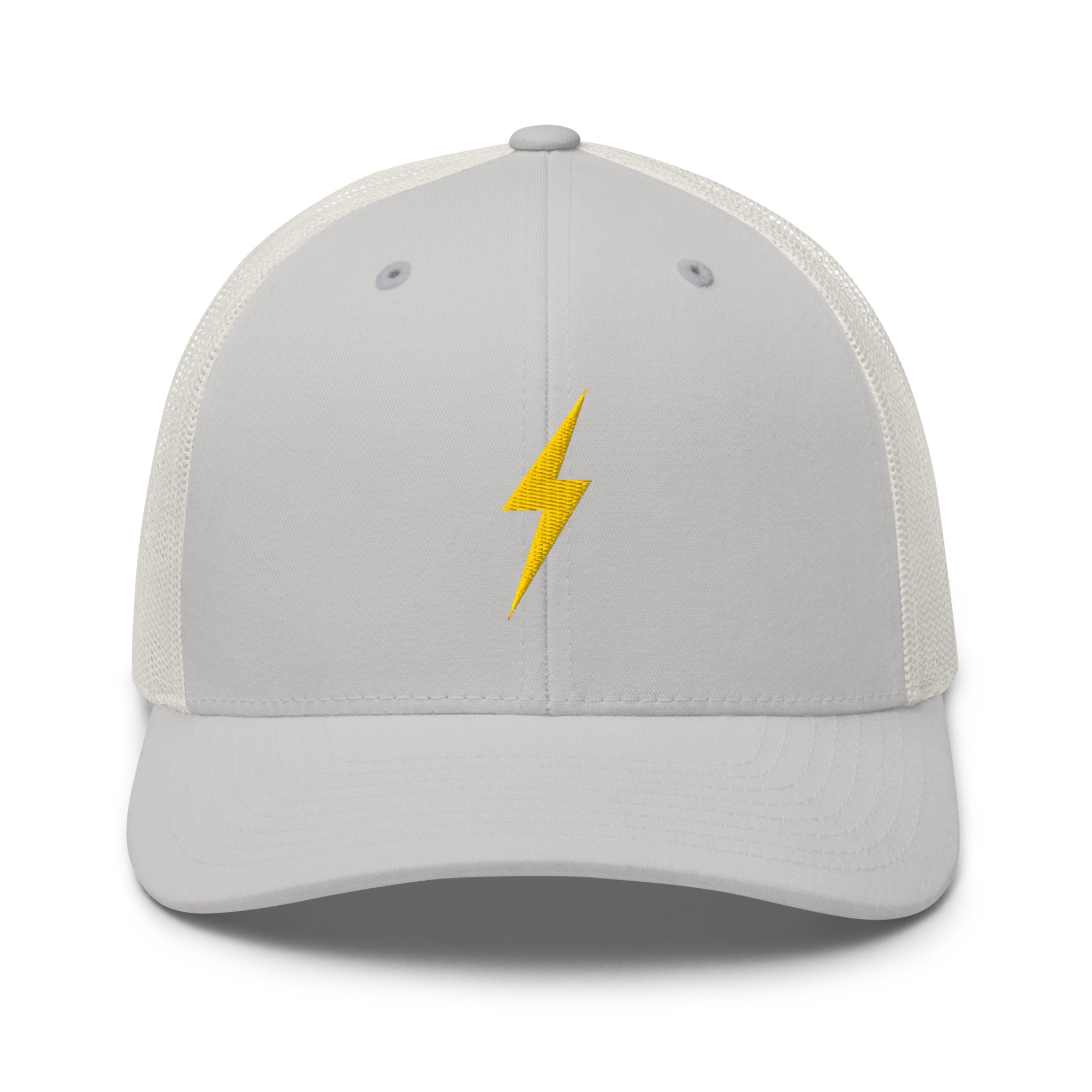 Silver and white trucker hat with a yellow lightning bolt design on front panel