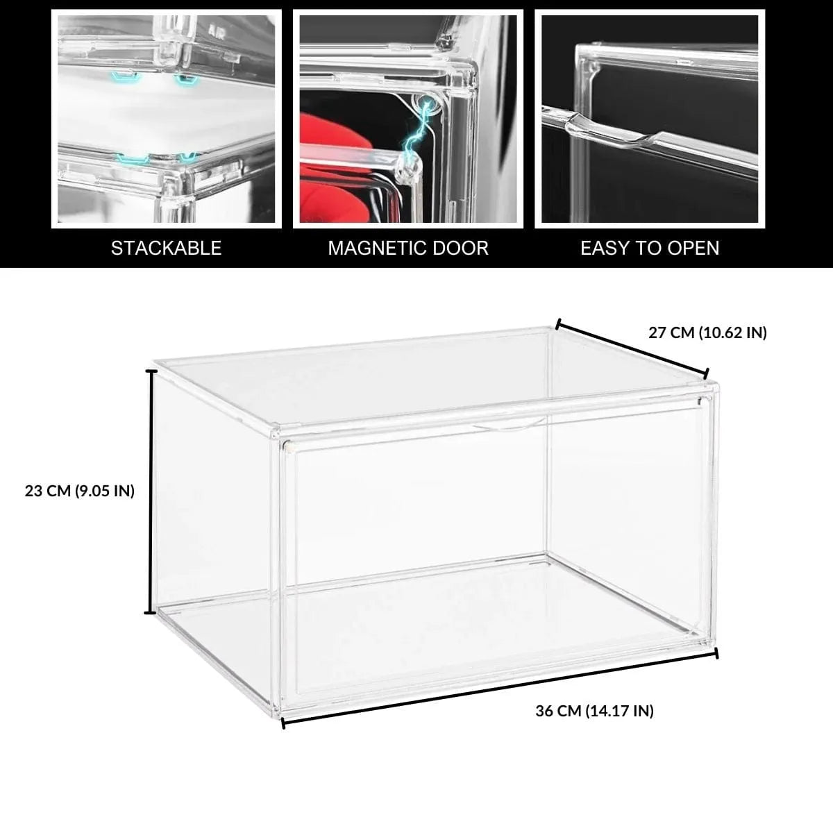 Dimensions of stackable clear shoe box for sneaker storage
