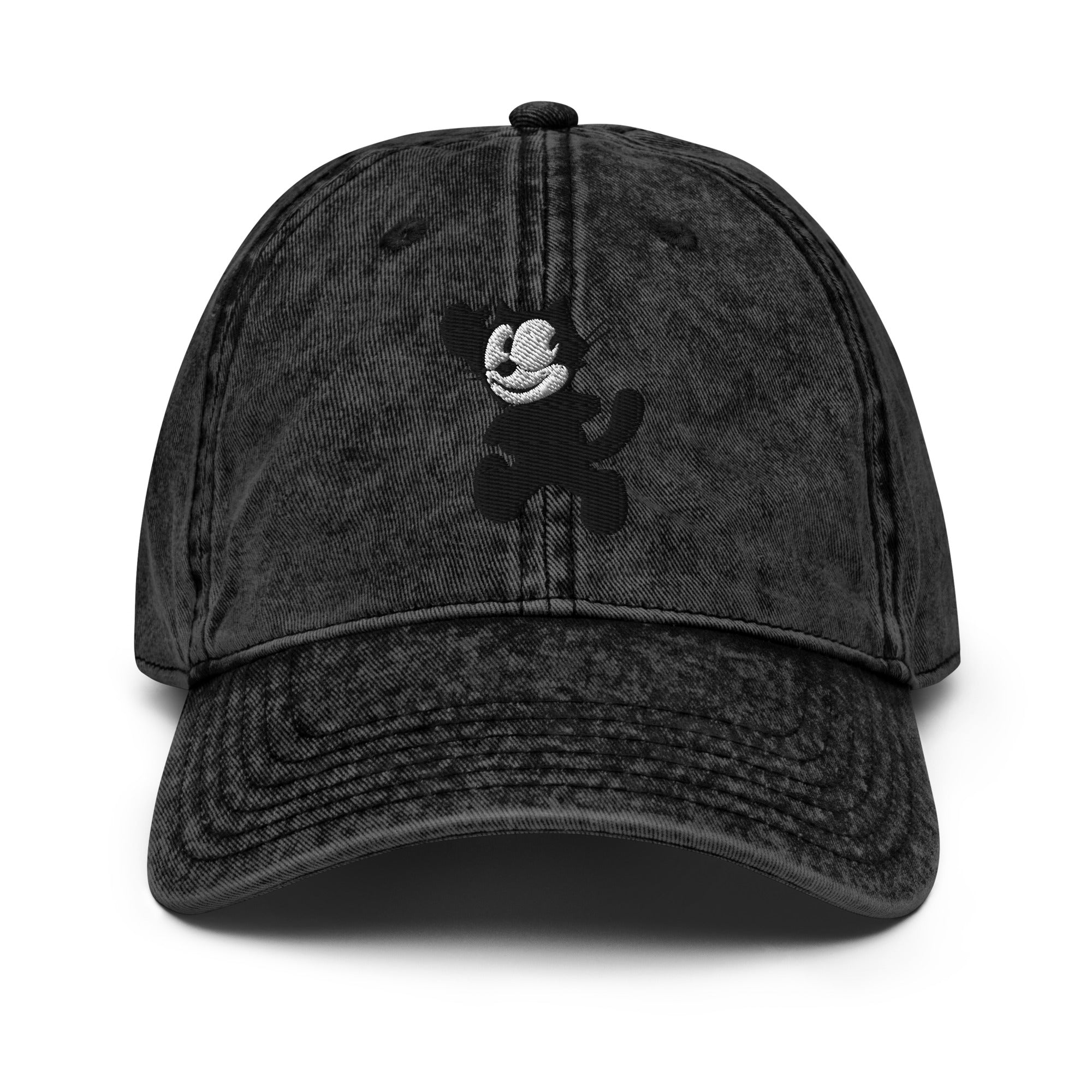 Black vintage baseball cap featuring a 1920 Felix the Cat design from Disney’s early animation era