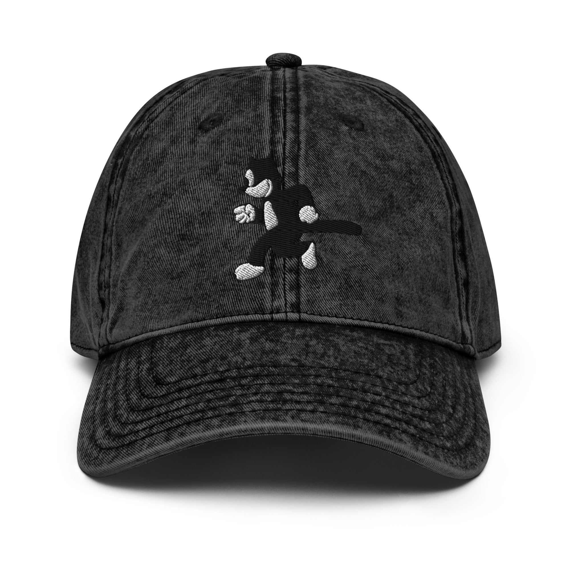 Black vintage baseball cap featuring a 1925 Julius the Cat design from Disney’s early animation era