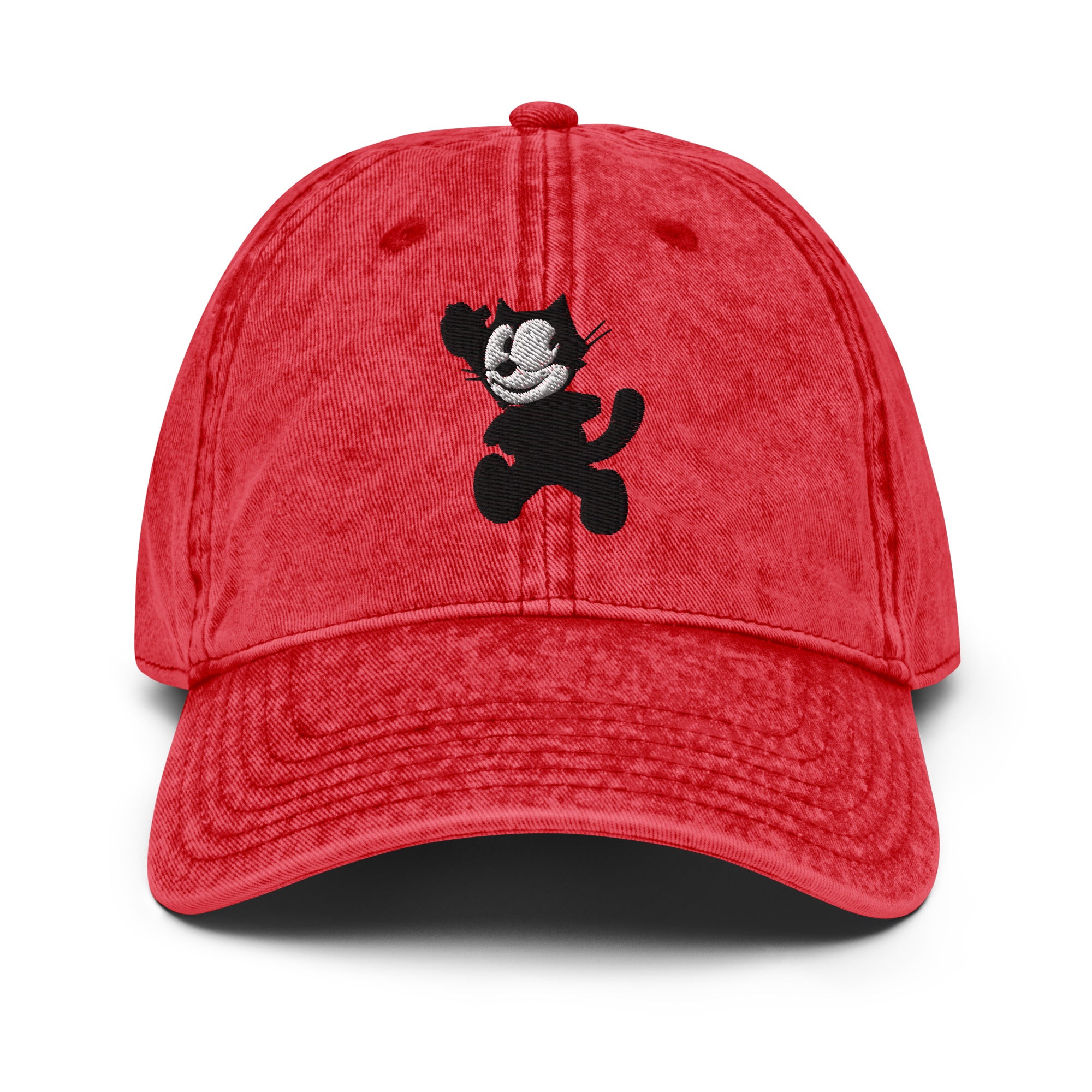 Red vintage baseball cap featuring a 1920 Felix the Cat design from Disney’s early animation era