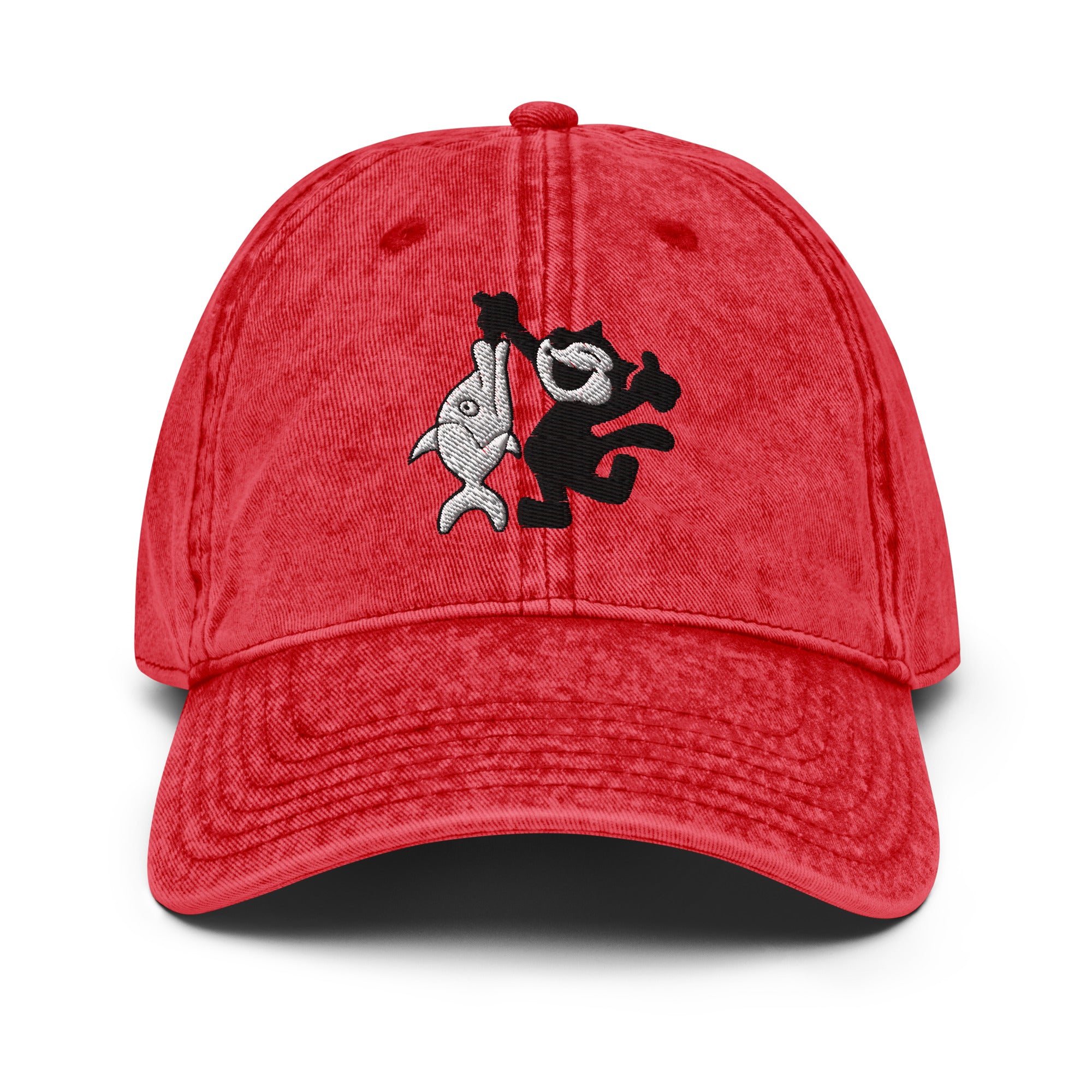 Red vintage baseball cap featuring a 1920 Felix the Cat design with a fish from Disney’s early animation era