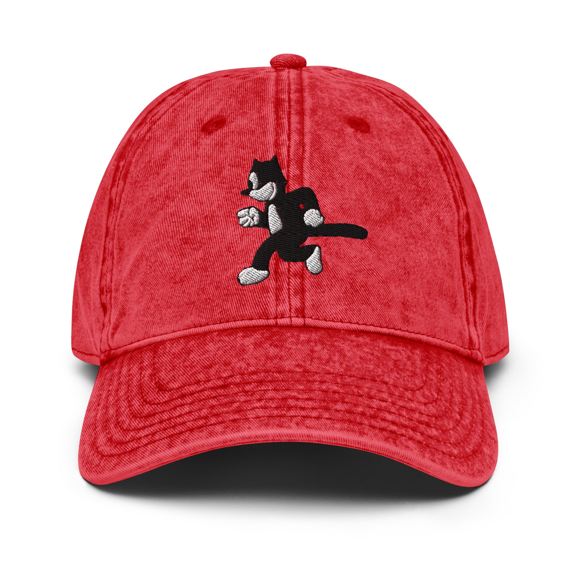 Red vintage baseball cap featuring a 1925 Julius the Cat design from Disney’s early animation era