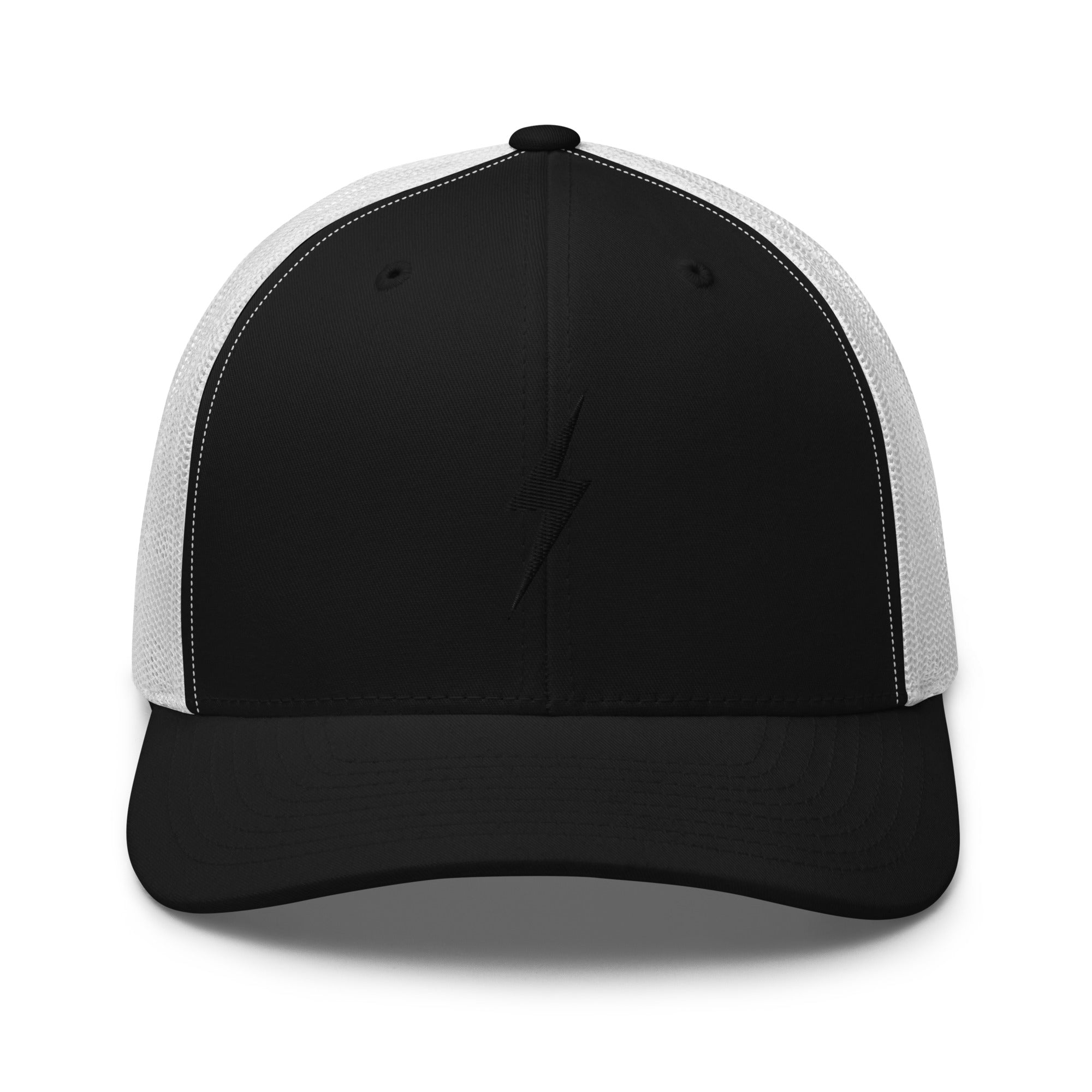 White and black trucker hat with a black lightning bolt design on front panel