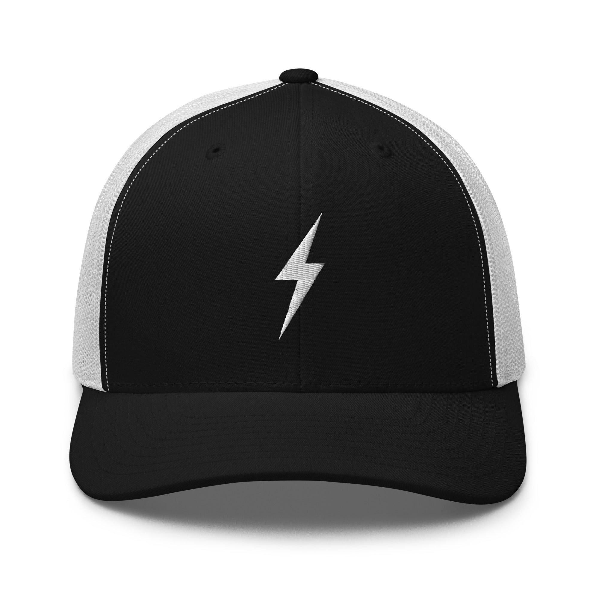 White and black trucker hat with an embroidered white lightning bolt design on the front panel