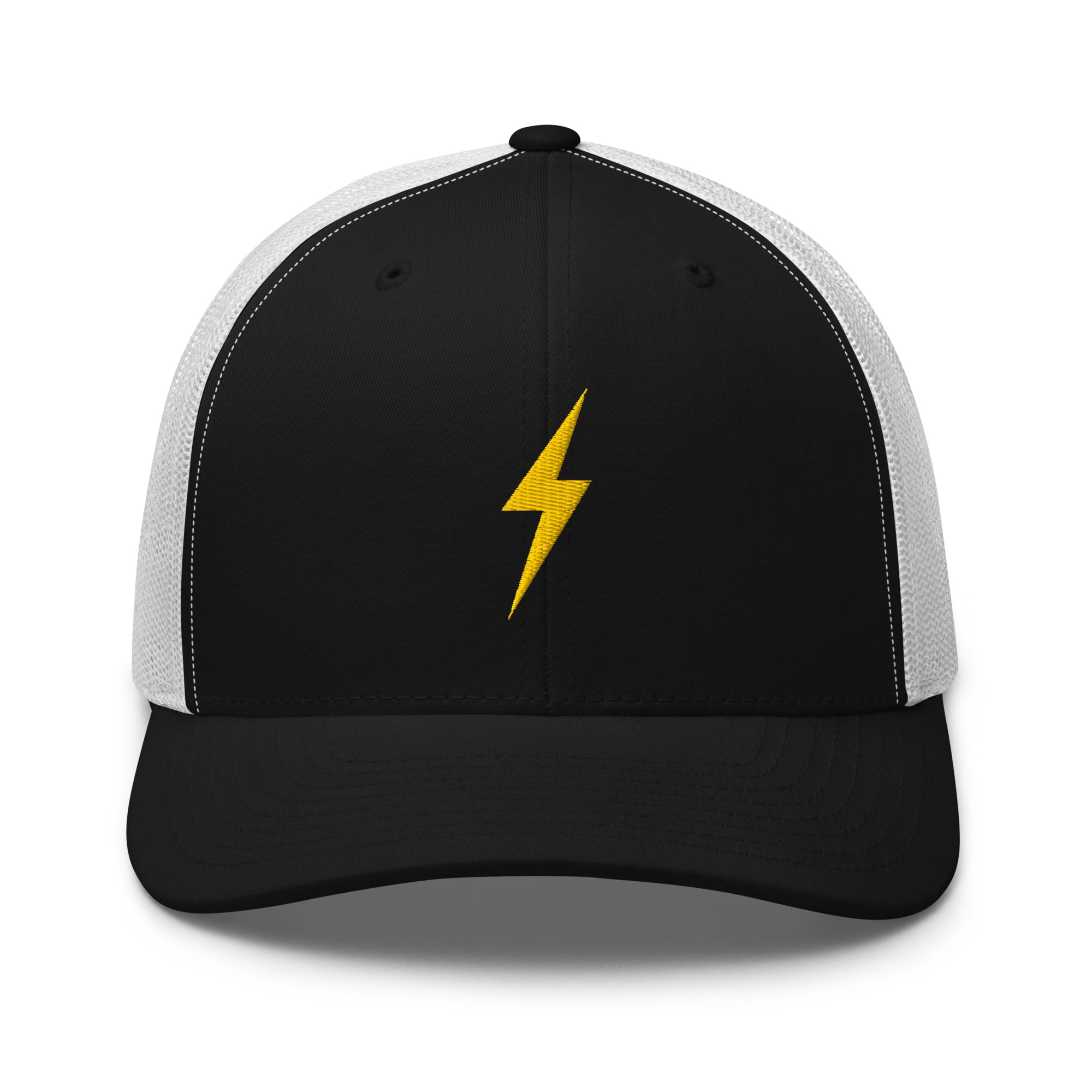White and black trucker hat with a yellow lightning bolt design on front panel
