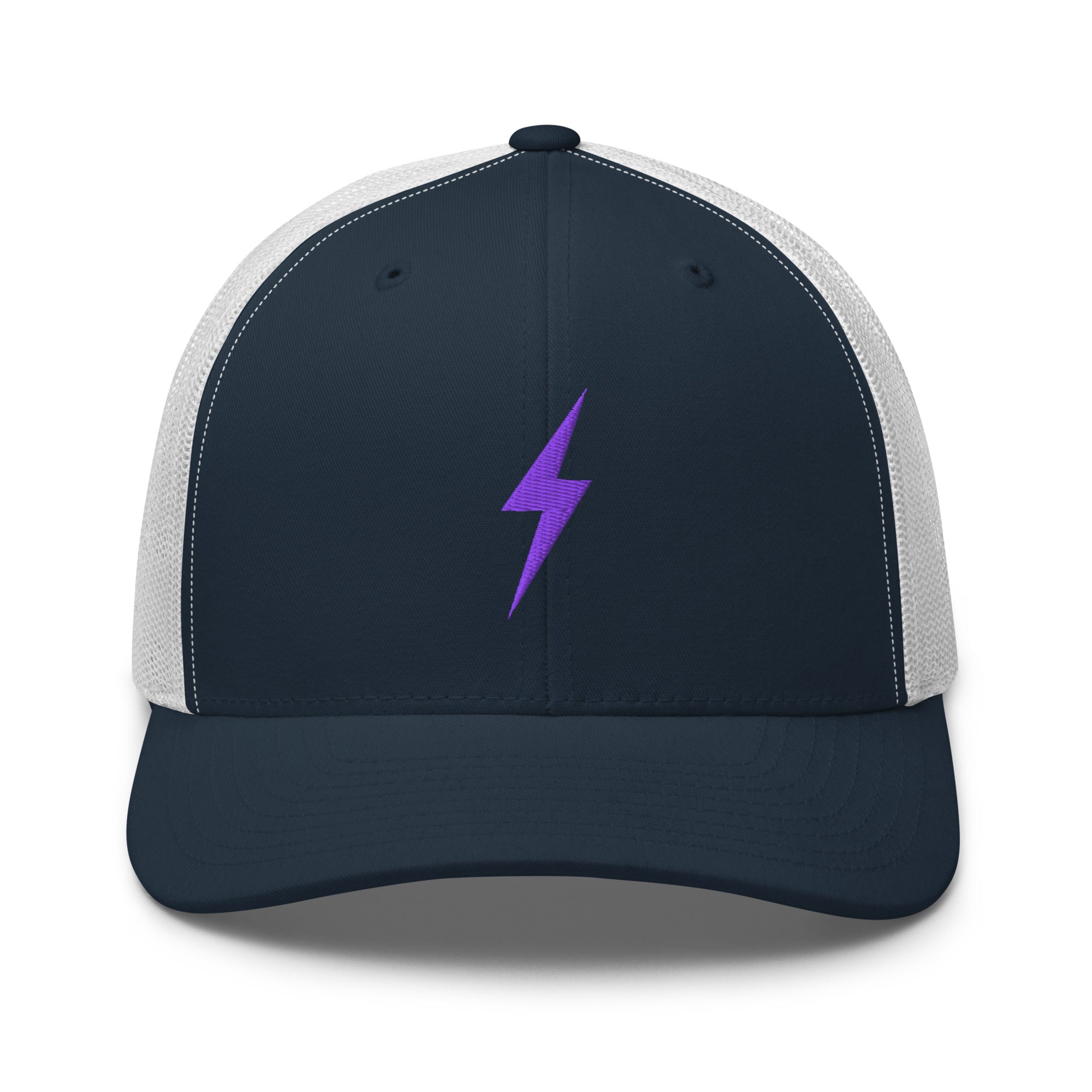 White and navy trucker hat with an embroidered purple lightning bolt design on the front panel