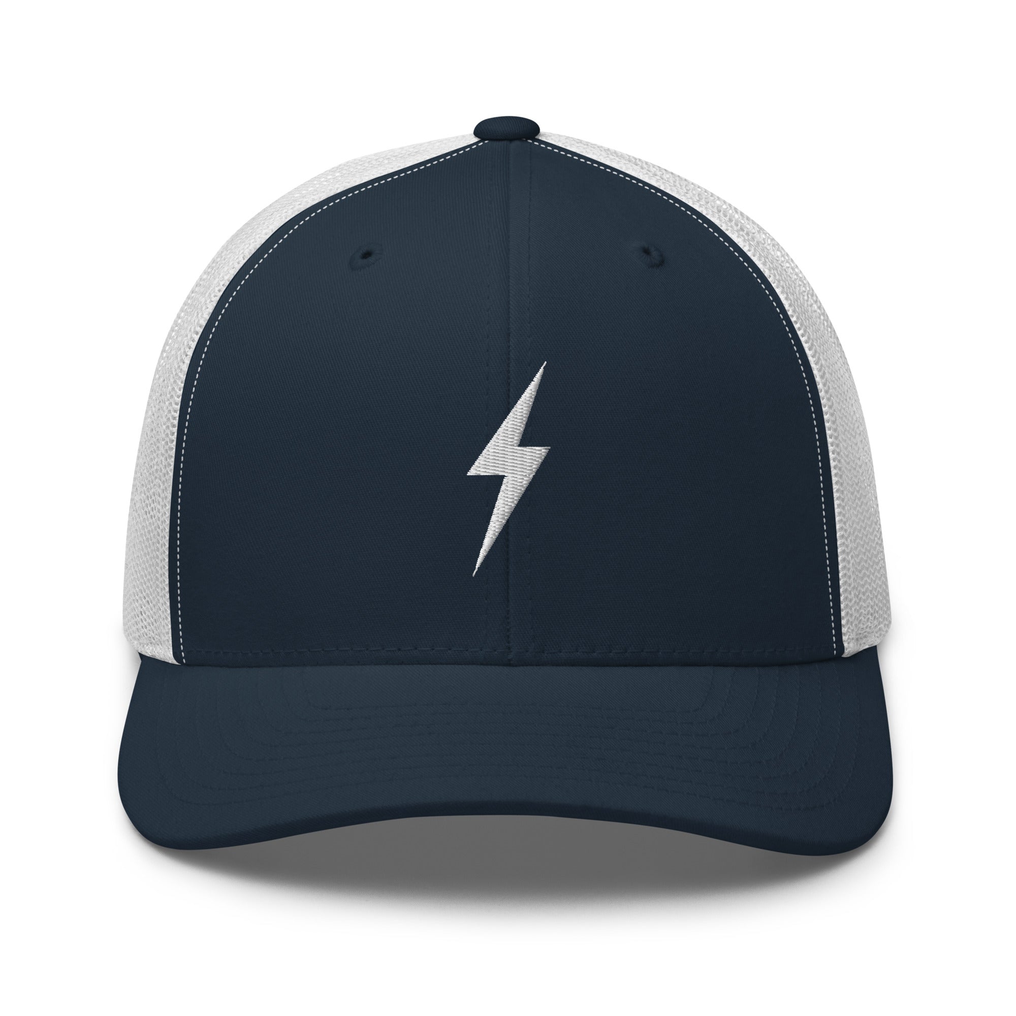 White and navy trucker hat with an embroidered white lightning bolt design on the front panel
