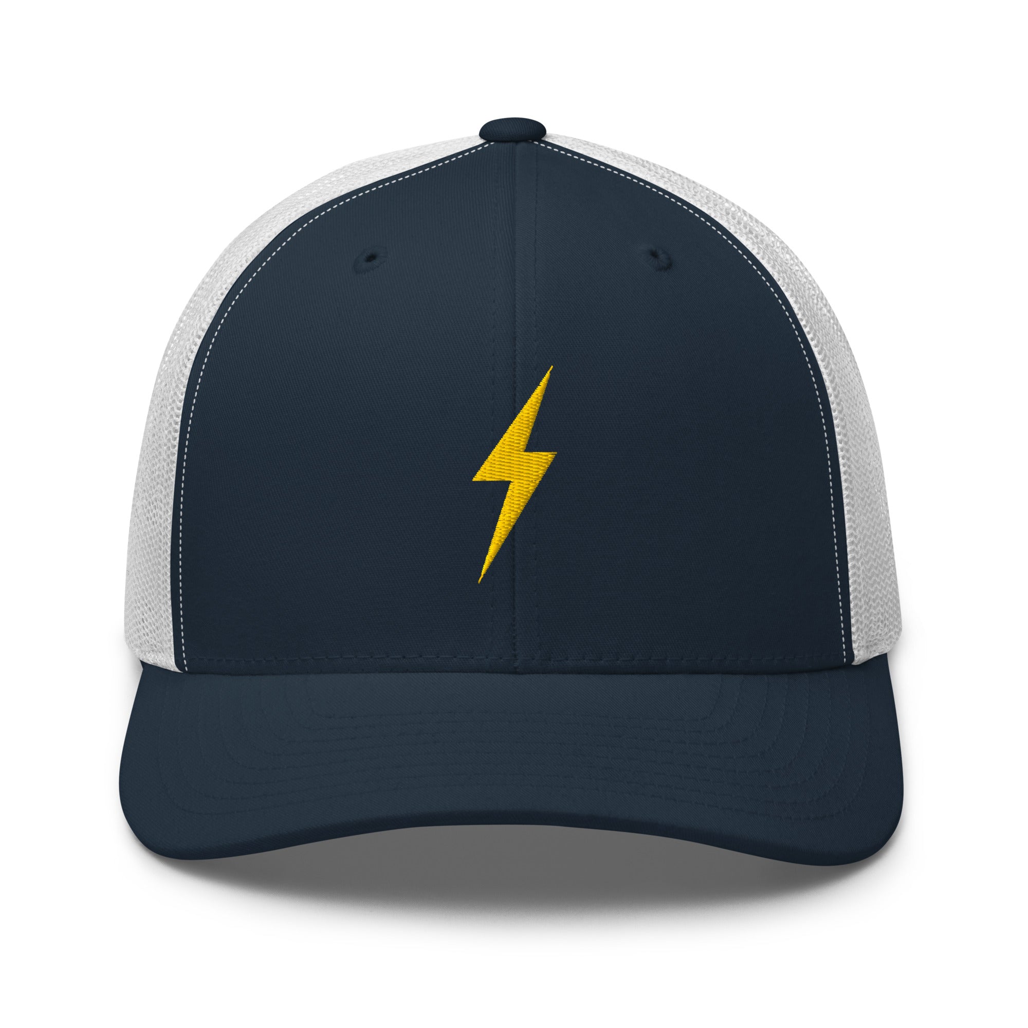 White and navy trucker hat with a yellow lightning bolt design on front panel