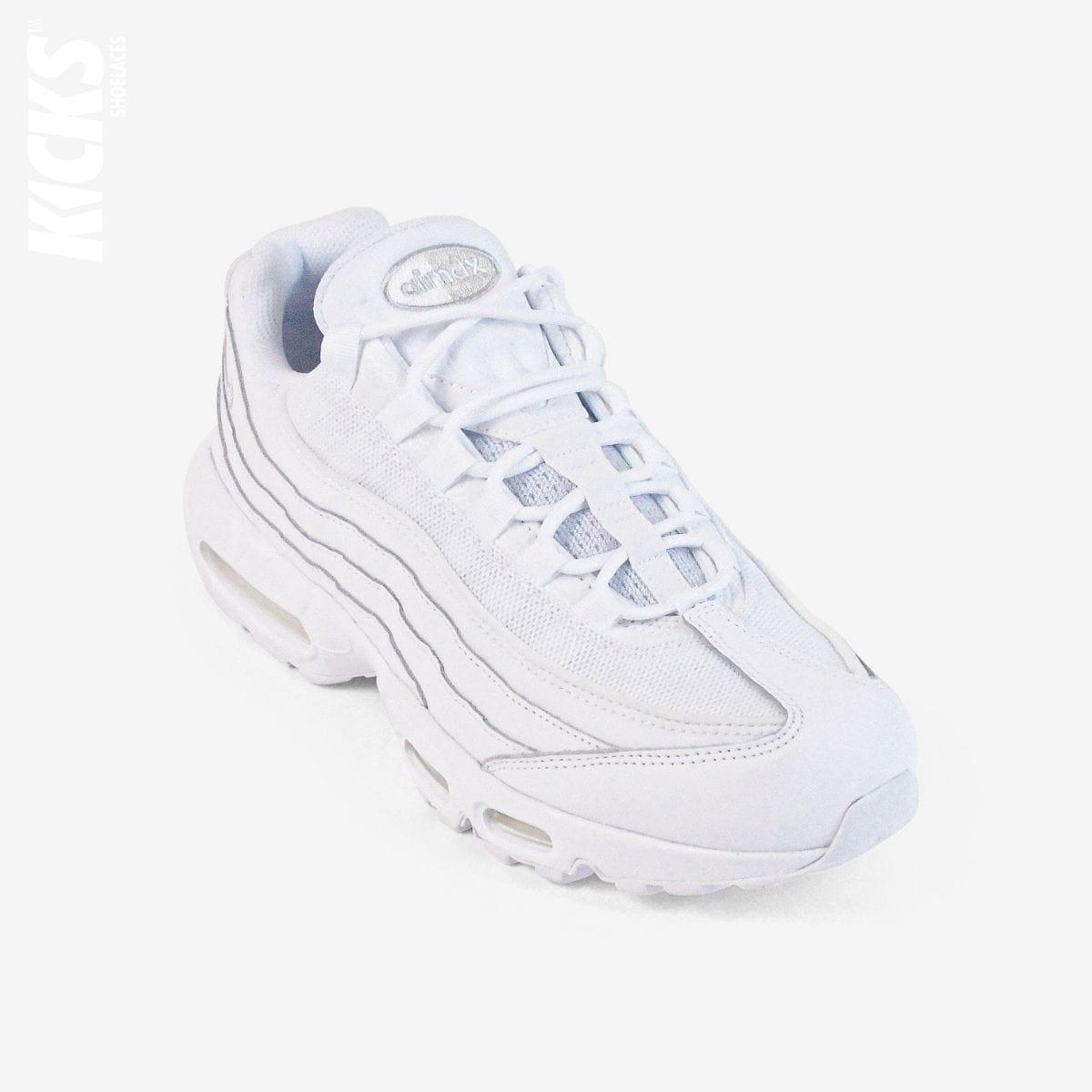 White round shoestrings on white sneakers by Kicks Shoelaces