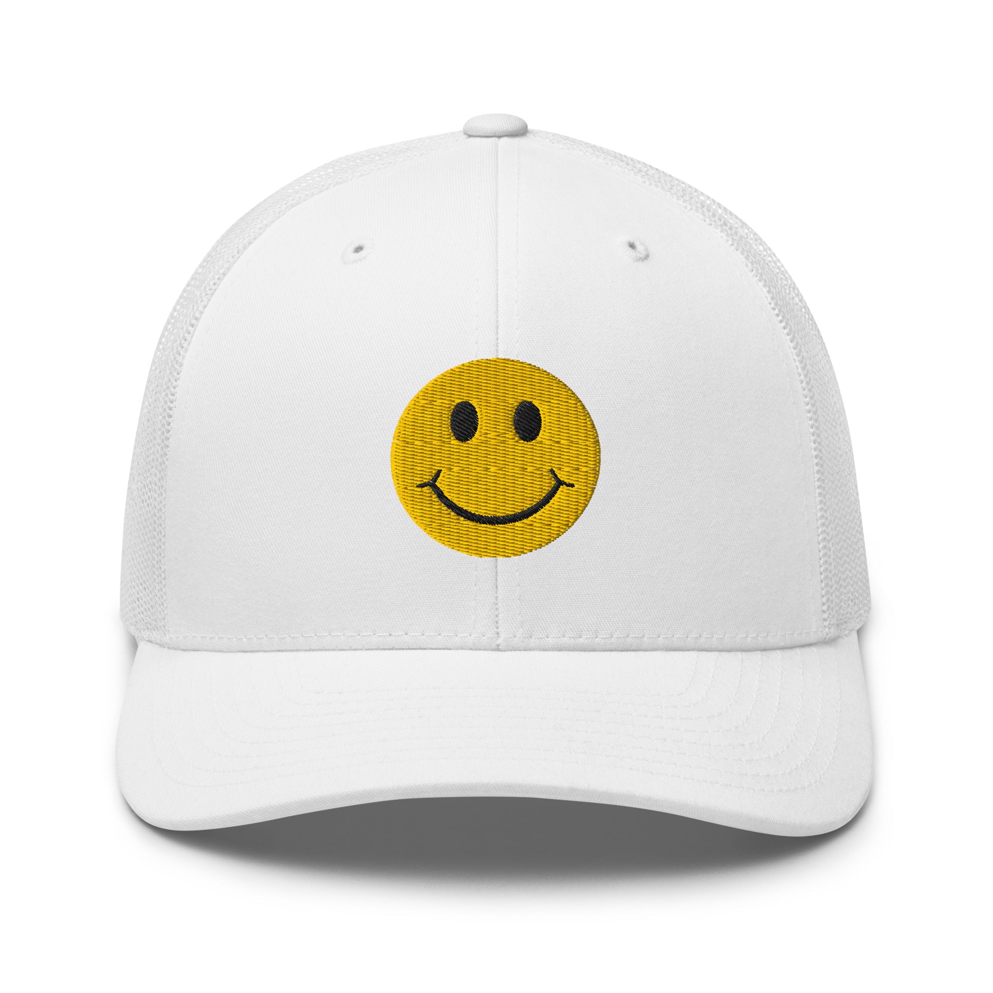 White smiley face embroidered trucker hat with adjustable mesh back, perfect for casual wear and streetwear style.