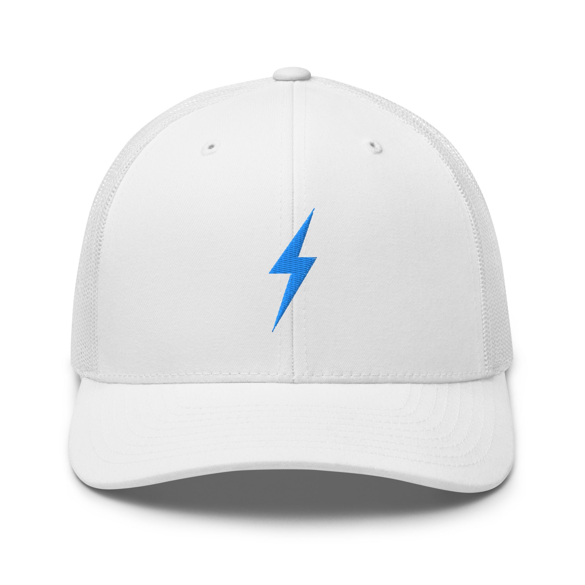 White trucker hat with a sky blue lightning bolt design on front panel