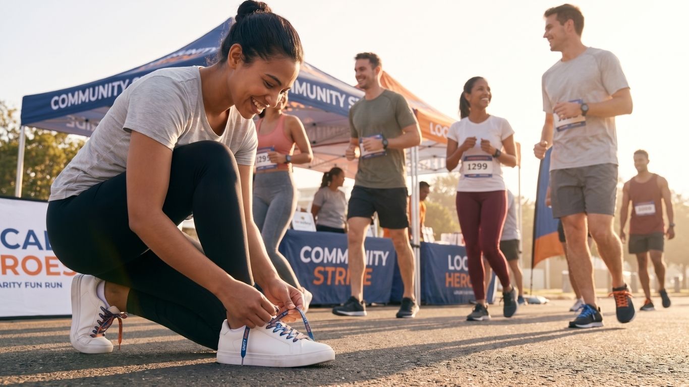 People wearing custom promotional shoelaces at a charity fun run and brand activation event