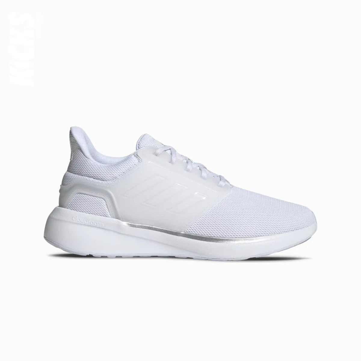 A white Adidas EQ19 athletic shoe with white laces, showcasing the shoe's design and the brand's logo.